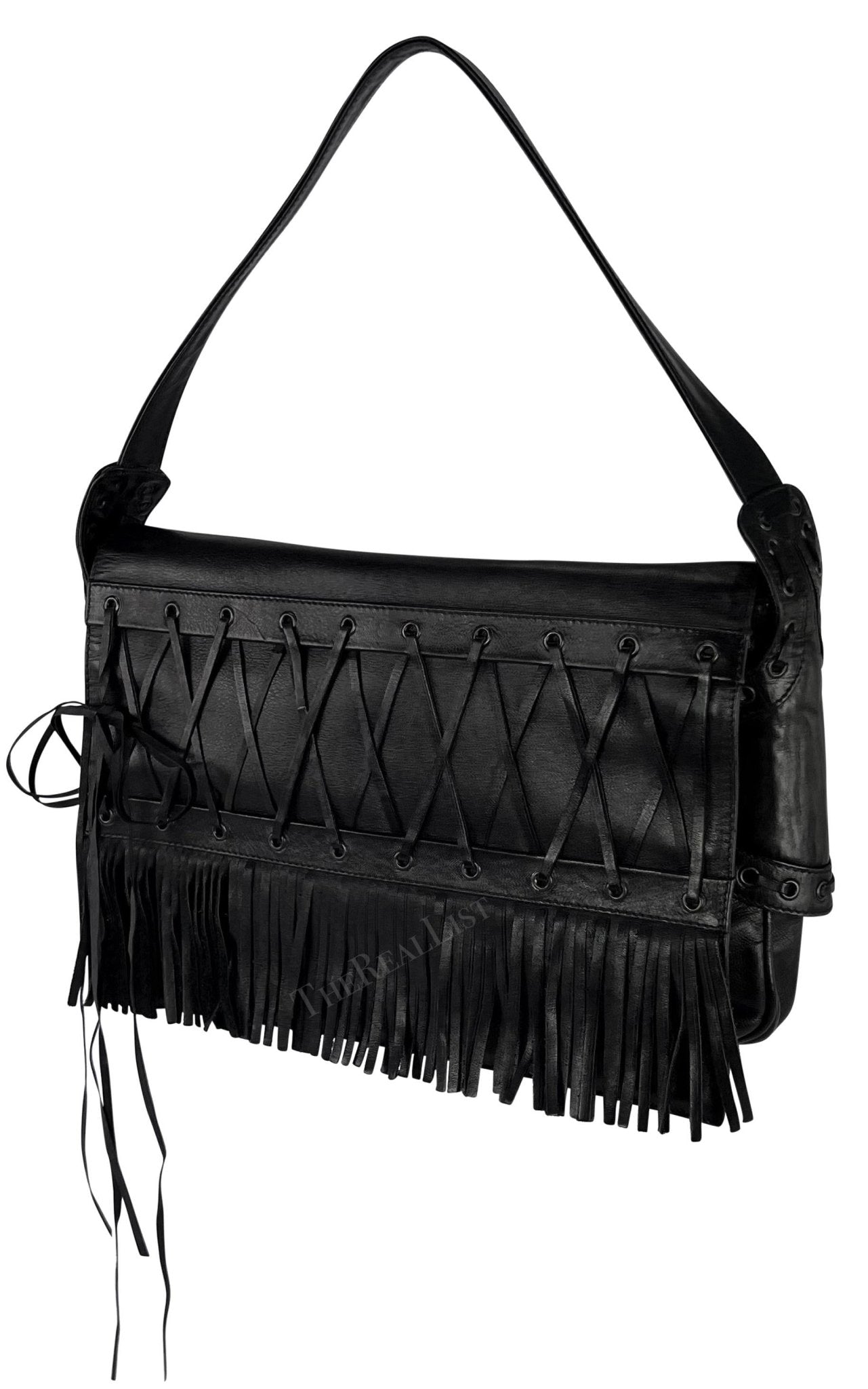 S/S 2002 Gianni Versace by Donatella Black Leather Lace Up Fringe Shoulder Bag - RealList