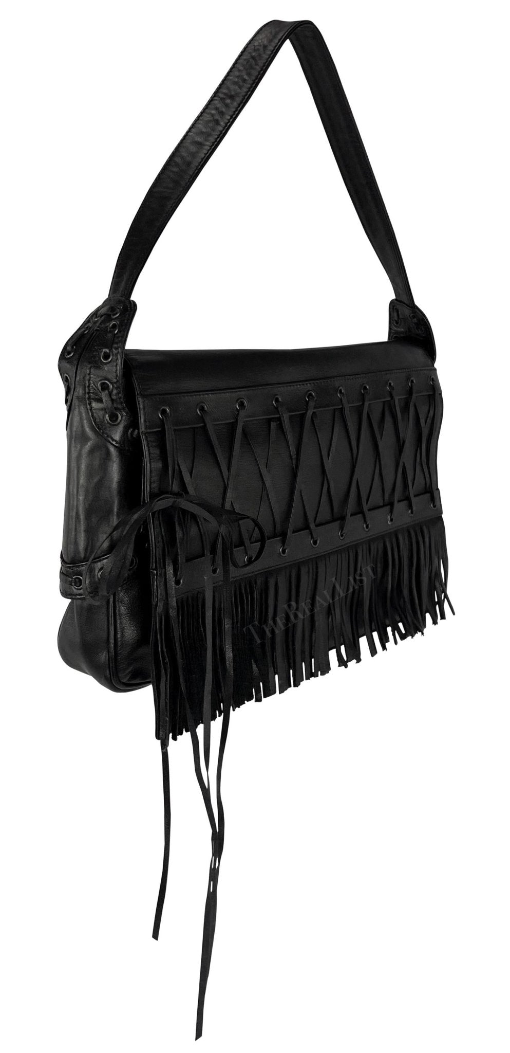 S/S 2002 Gianni Versace by Donatella Black Leather Lace Up Fringe Shoulder Bag - RealList