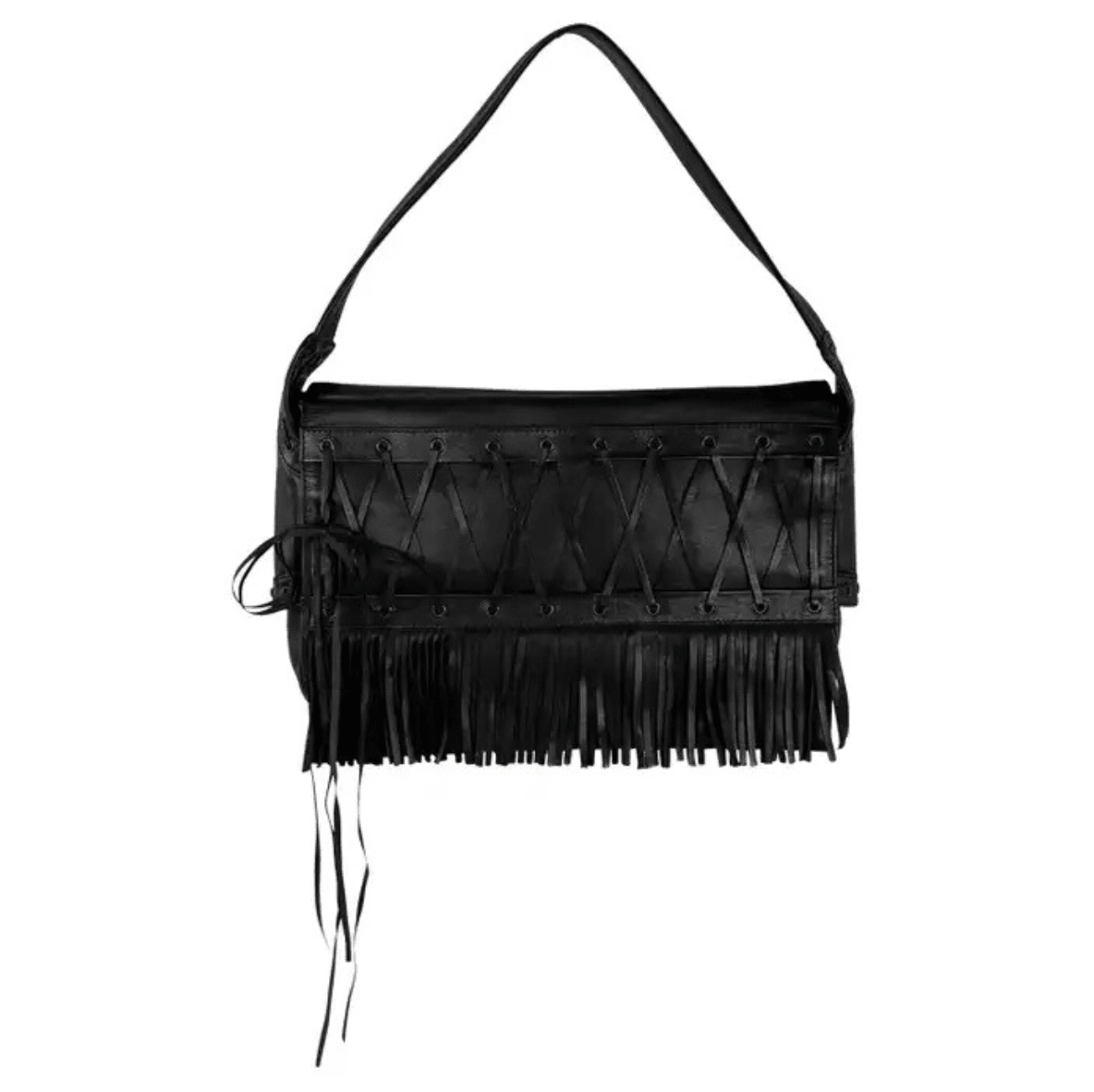 S/S 2002 Gianni Versace by Donatella Black Leather Lace Up Fringe Shoulder Bag - RealList