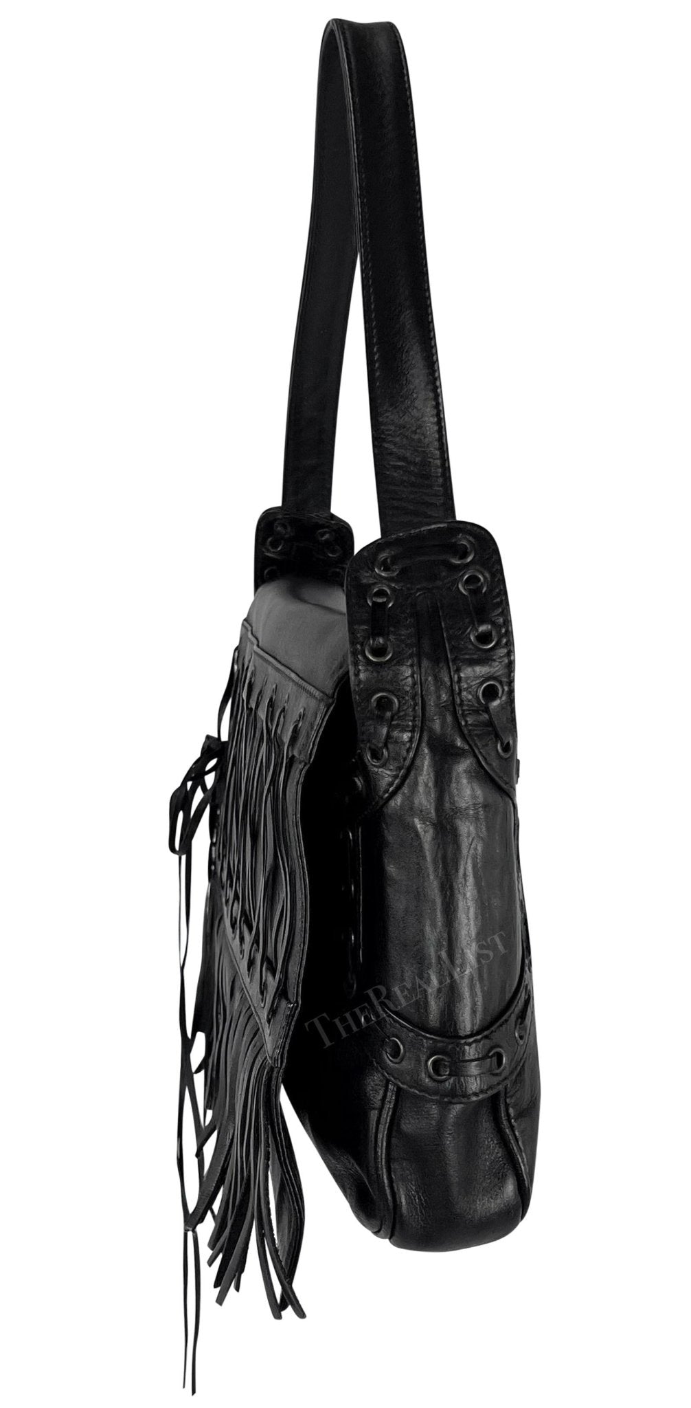 S/S 2002 Gianni Versace by Donatella Black Leather Lace Up Fringe Shoulder Bag - RealList