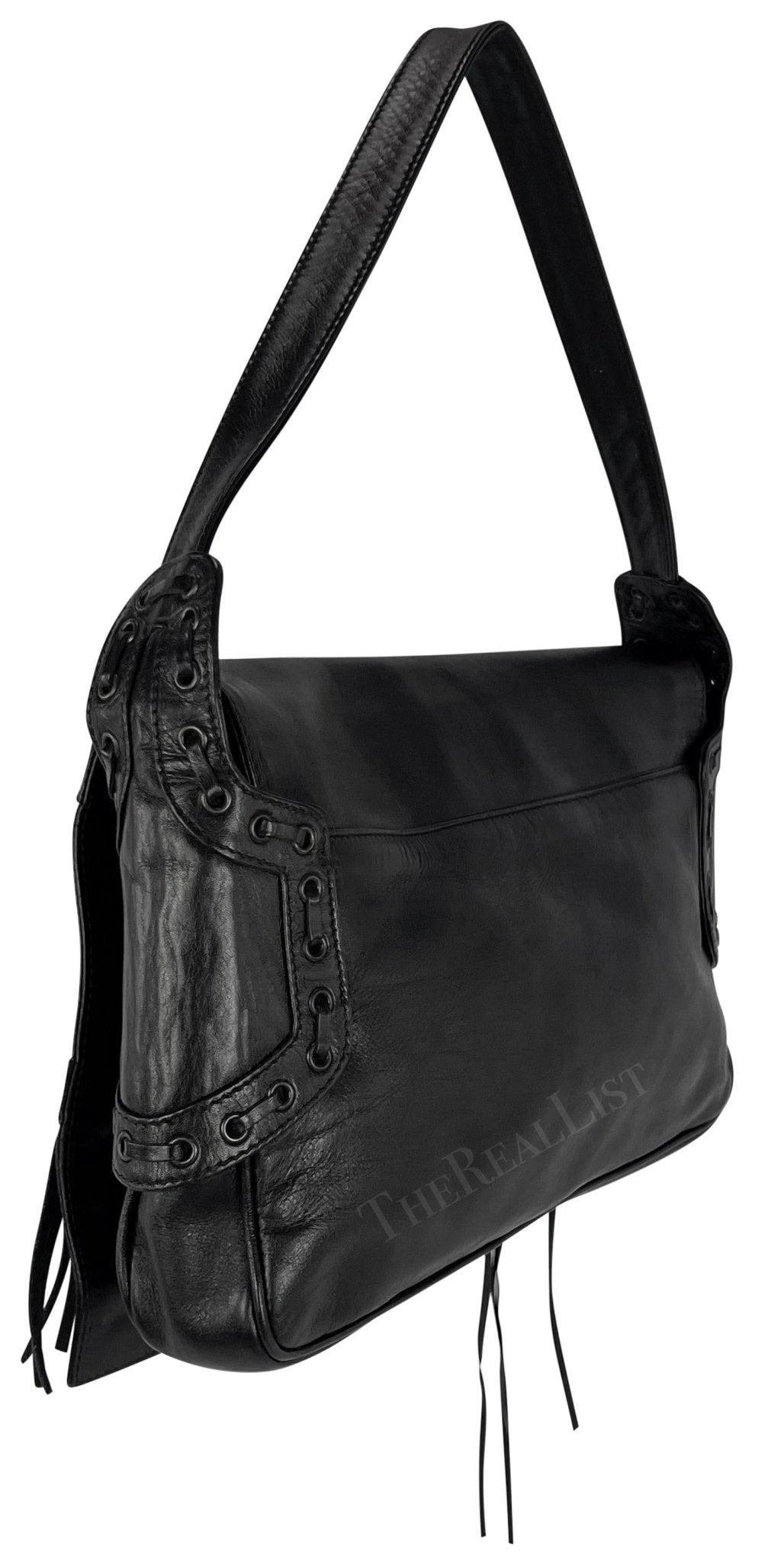 S/S 2002 Gianni Versace by Donatella Black Leather Lace Up Fringe Shoulder Bag - RealList