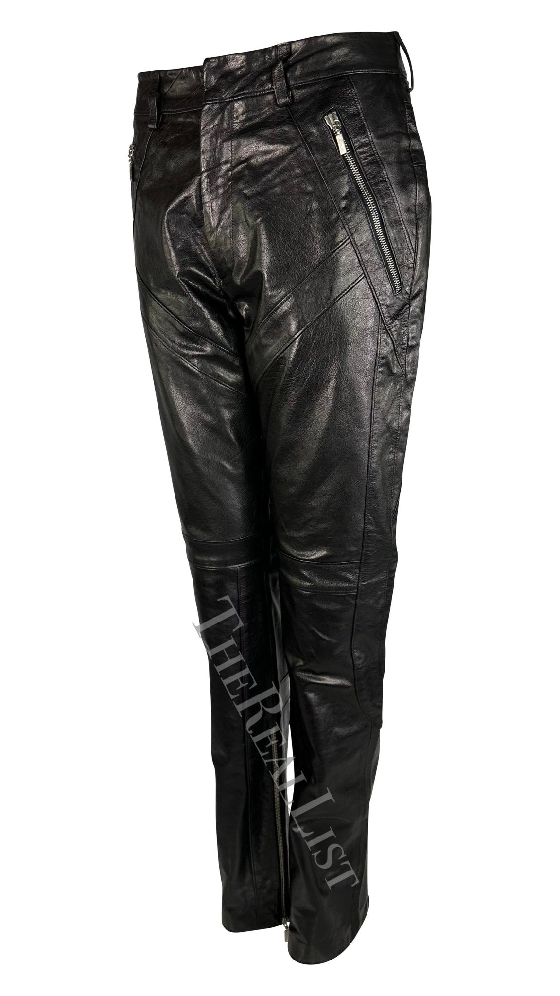S/S 2002 Gianni Versace by Donatella Black Leather Moto Style Zip Pants - RealList