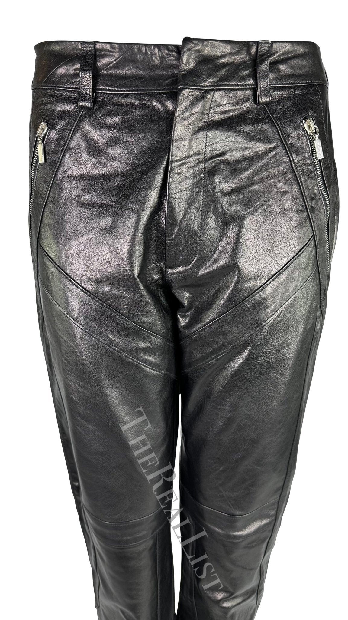 S/S 2002 Gianni Versace by Donatella Black Leather Moto Style Zip Pants - RealList