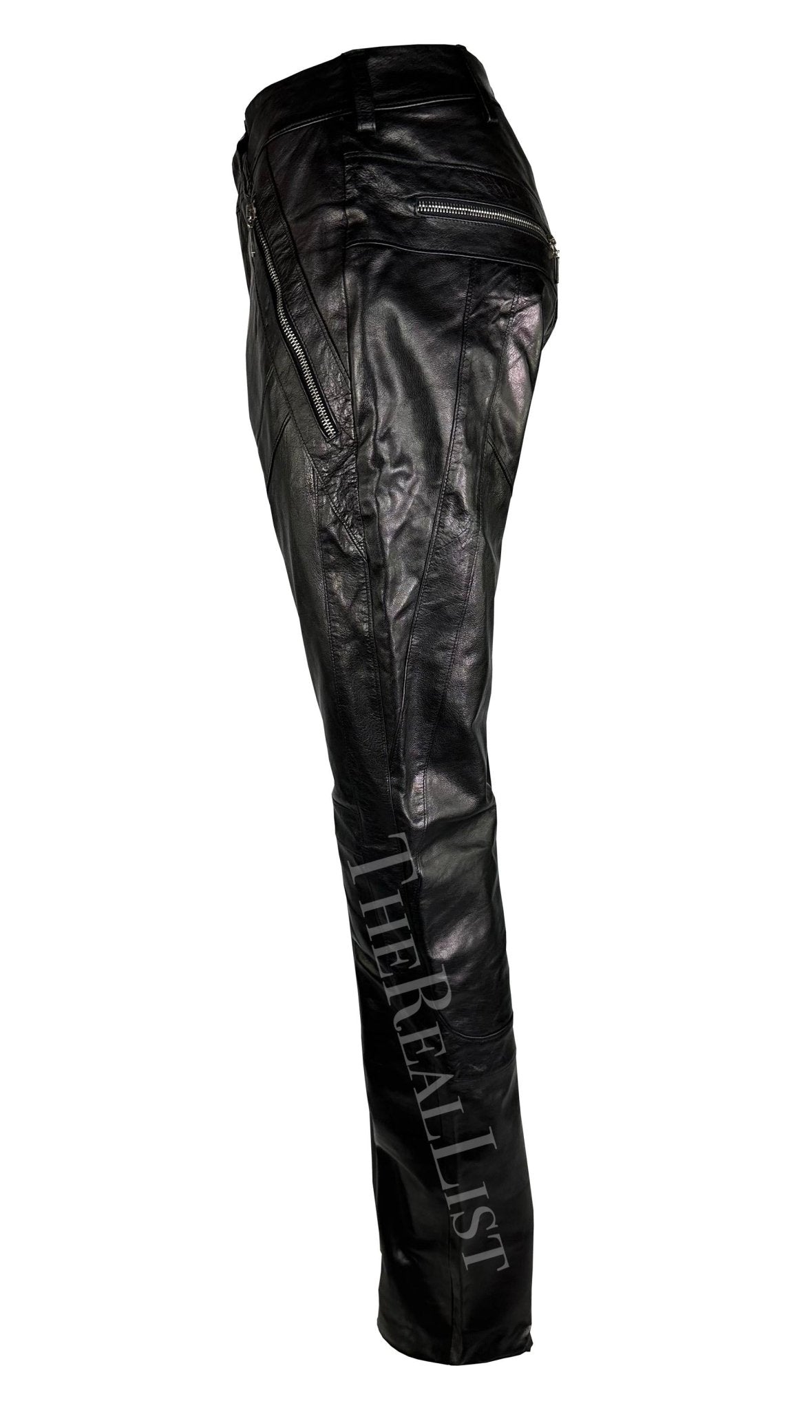 S/S 2002 Gianni Versace by Donatella Black Leather Moto Style Zip Pants - RealList