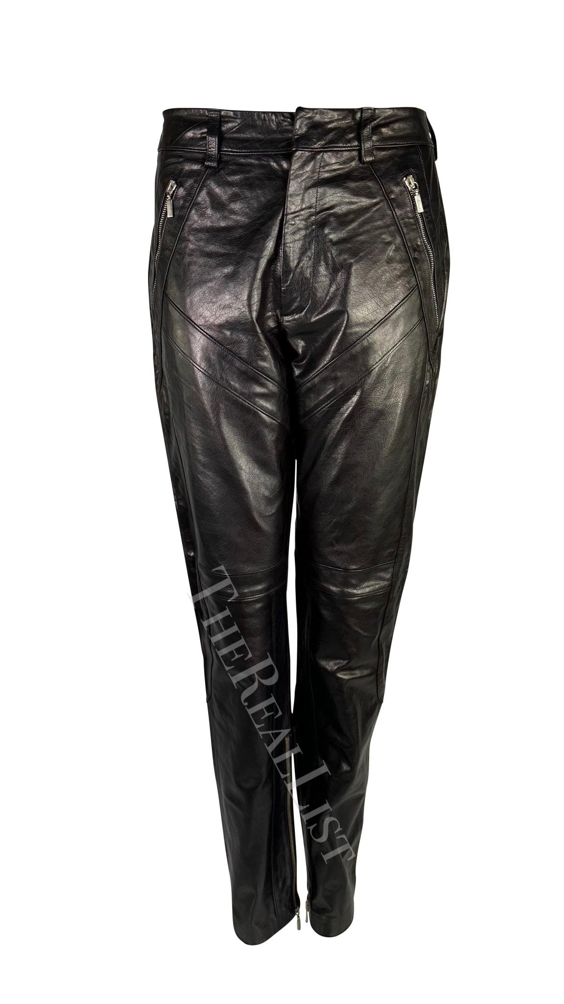 S/S 2002 Gianni Versace by Donatella Black Leather Moto Style Zip Pants - RealList