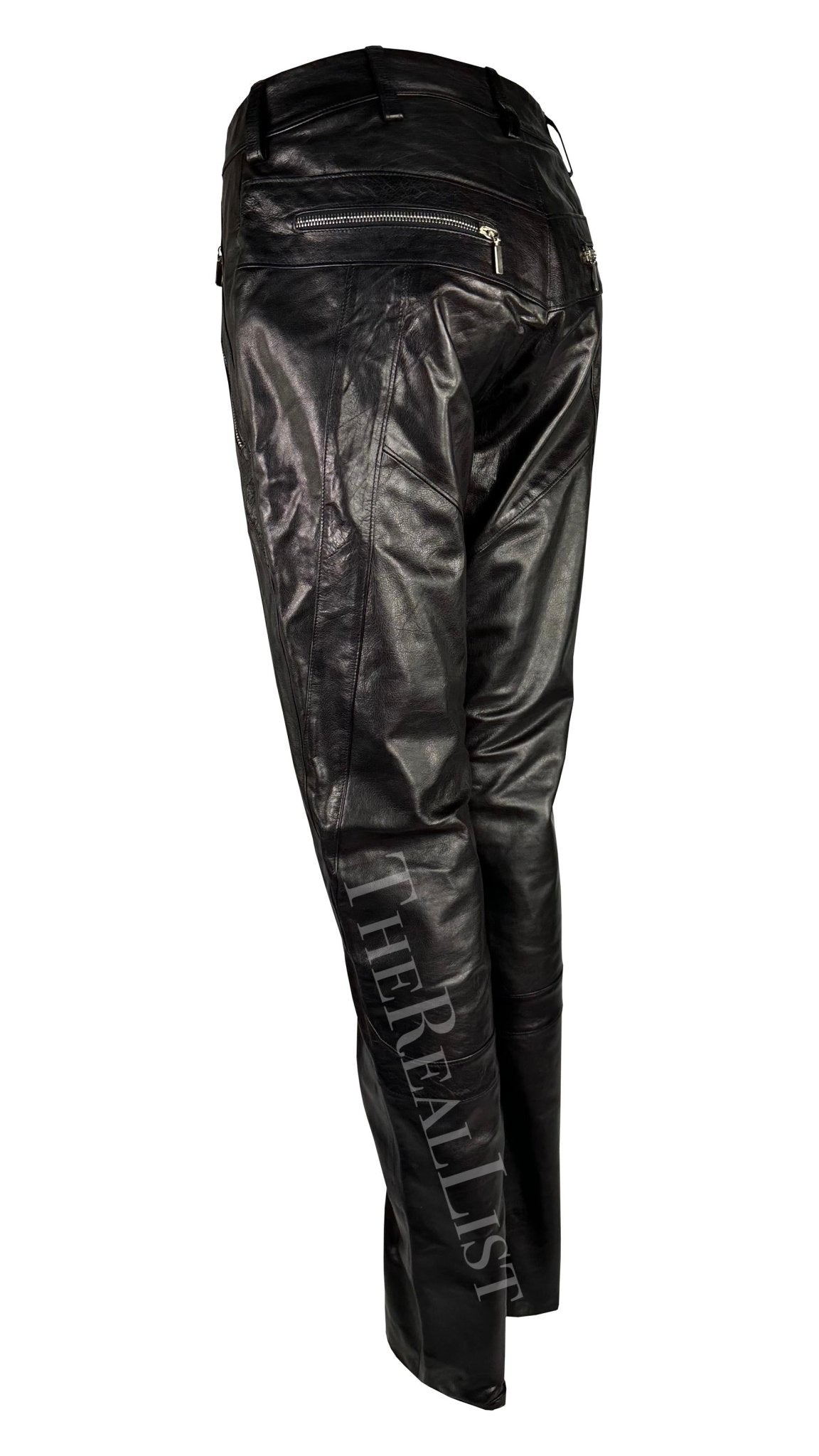 S/S 2002 Gianni Versace by Donatella Black Leather Moto Style Zip Pants - RealList