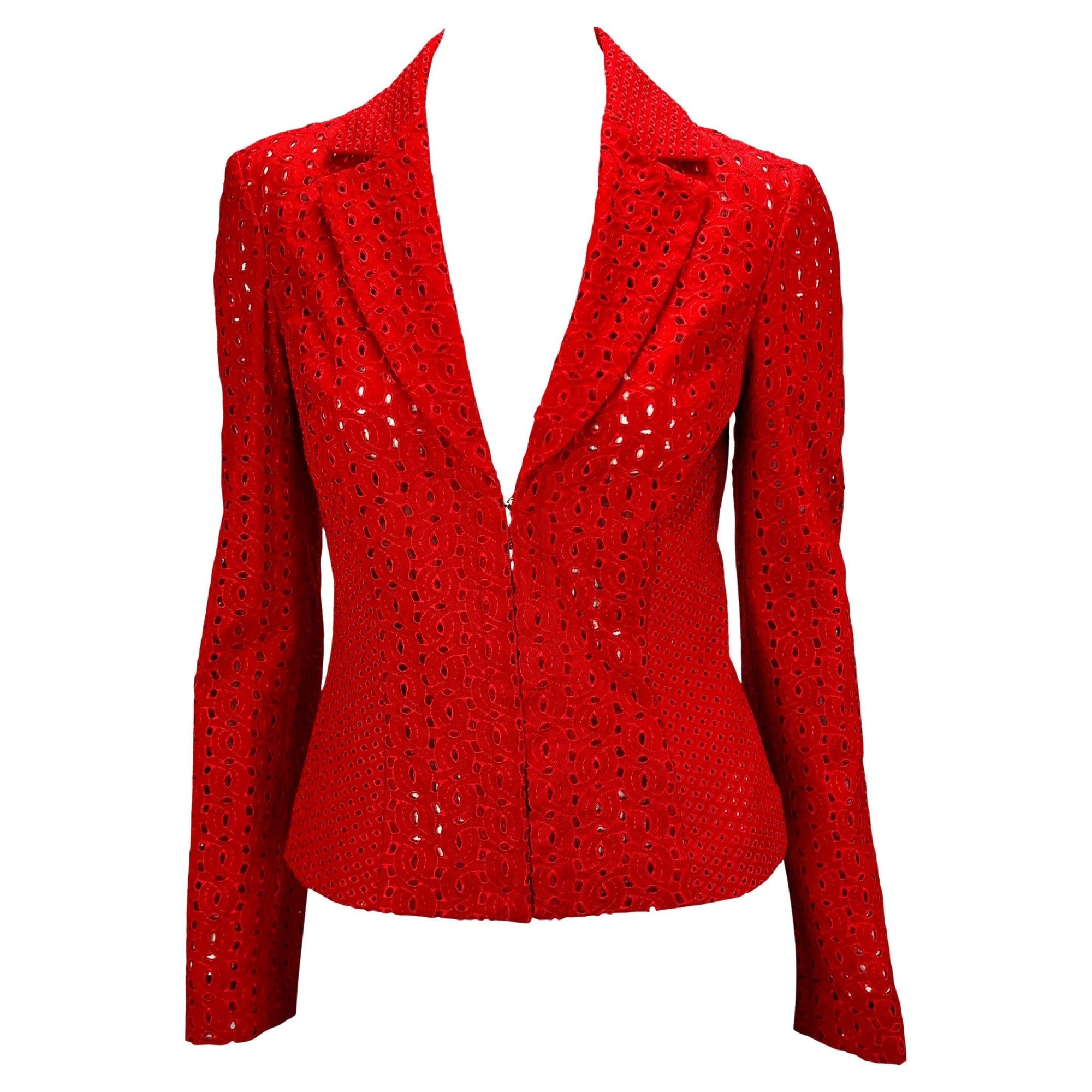 S/S 2002 Gianni Versace by Donatella Eyelet Cutout Red Sheer Blazer - RealList