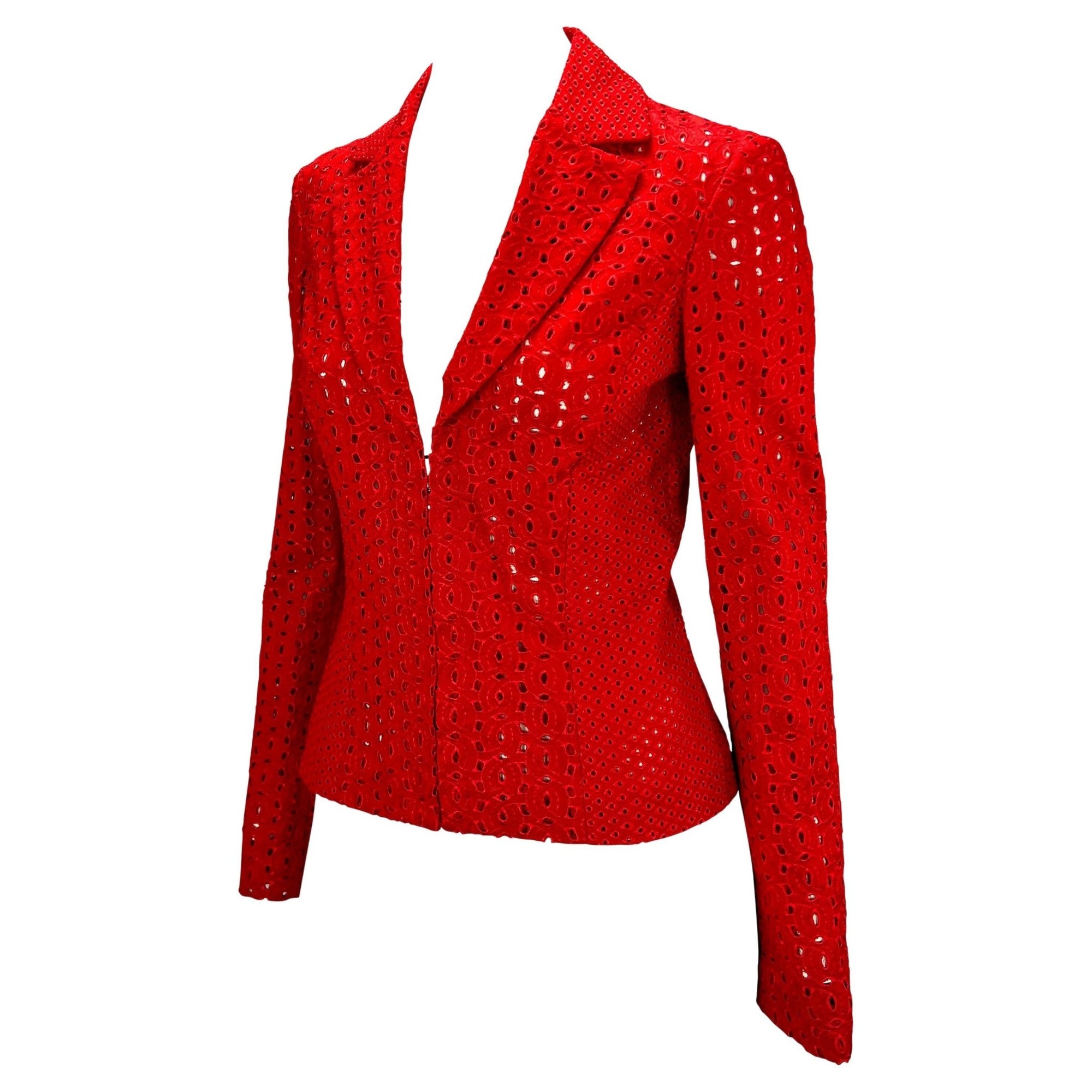 S/S 2002 Gianni Versace by Donatella Eyelet Cutout Red Sheer Blazer - RealList