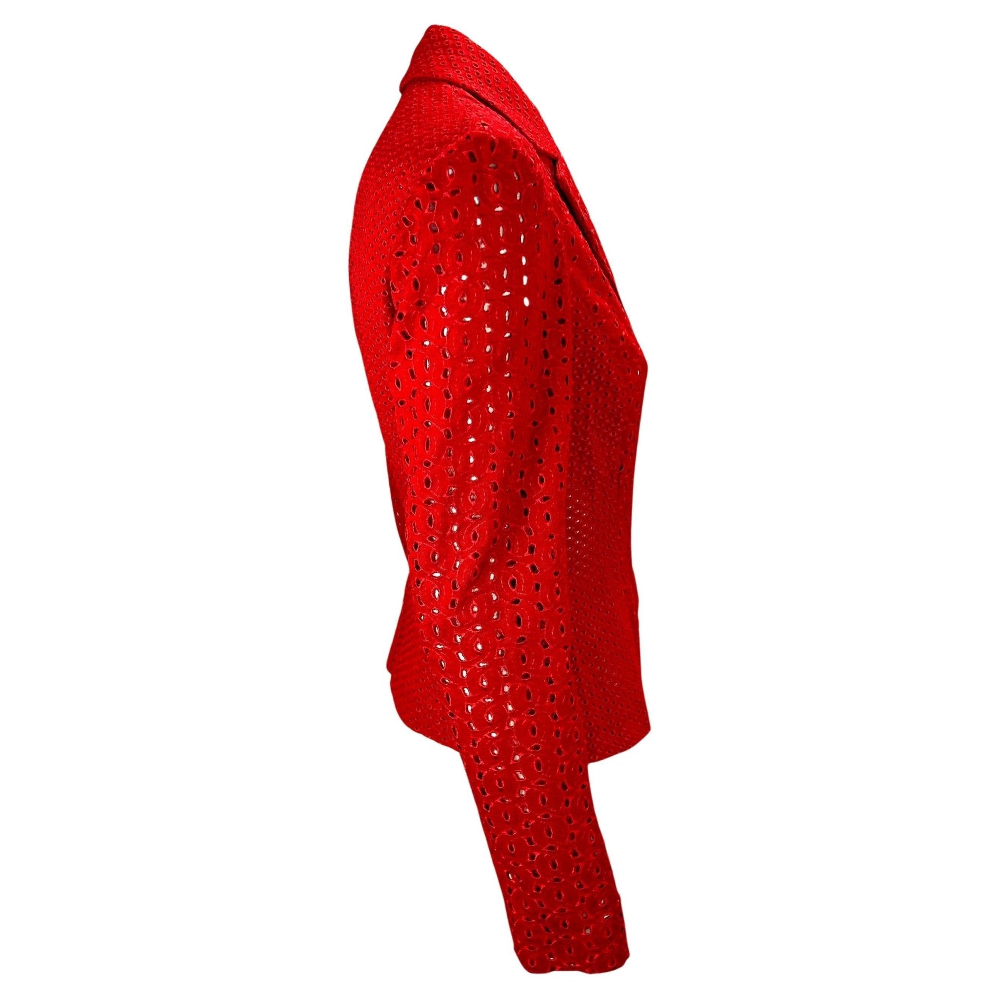 S/S 2002 Gianni Versace by Donatella Eyelet Cutout Red Sheer Blazer - RealList
