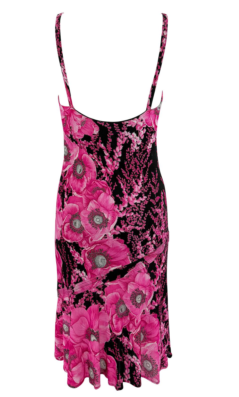 S/S 2002 Gianni Versace by Donatella Pink Poppy Floral Print Stretch Mini Dress - RealList