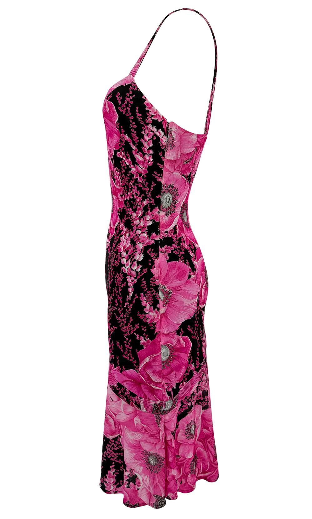 S/S 2002 Gianni Versace by Donatella Pink Poppy Floral Print Stretch Mini Dress - RealList