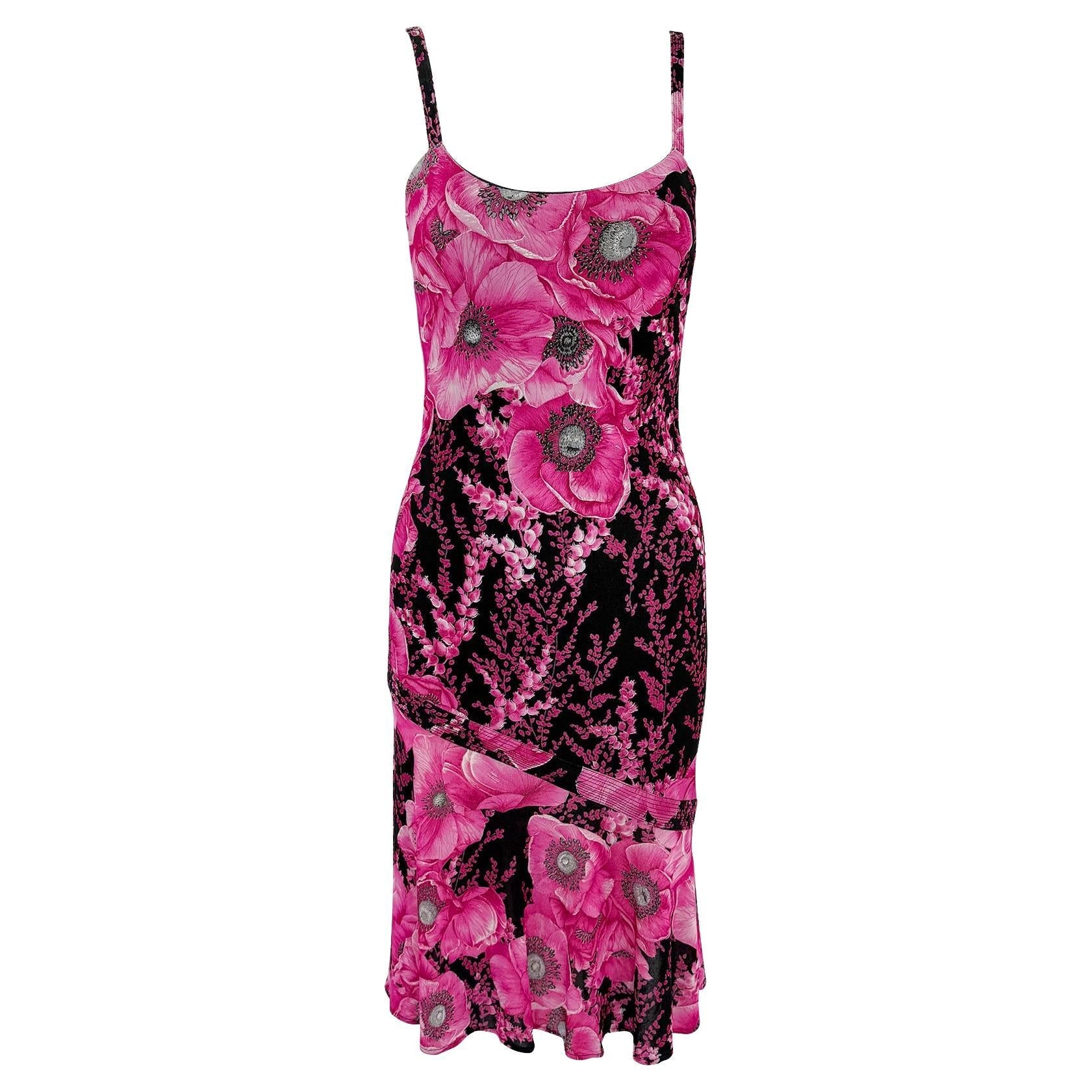 S/S 2002 Gianni Versace by Donatella Pink Poppy Floral Print Stretch Mini Dress - RealList