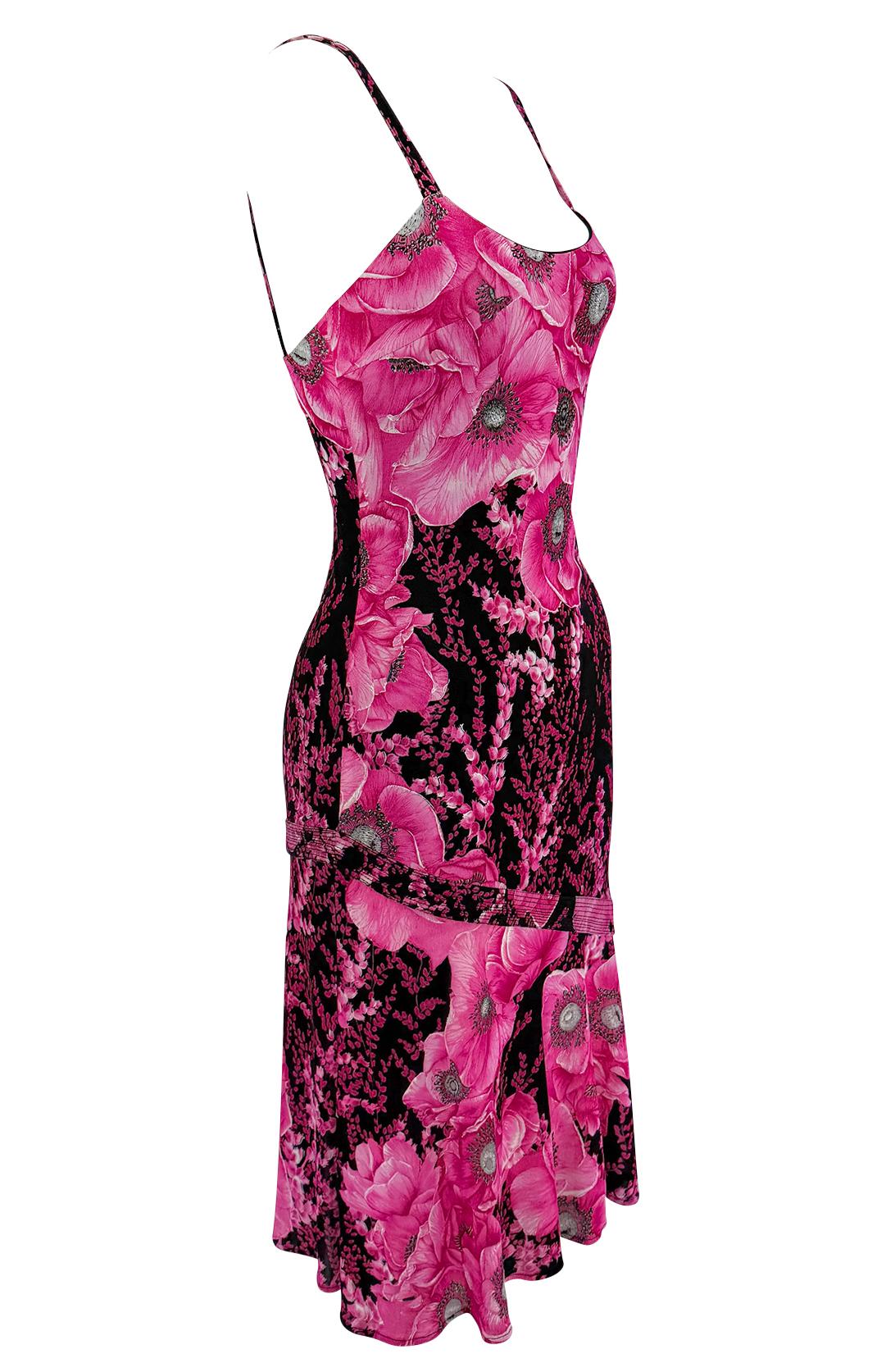 S/S 2002 Gianni Versace by Donatella Pink Poppy Floral Print Stretch Mini Dress - RealList