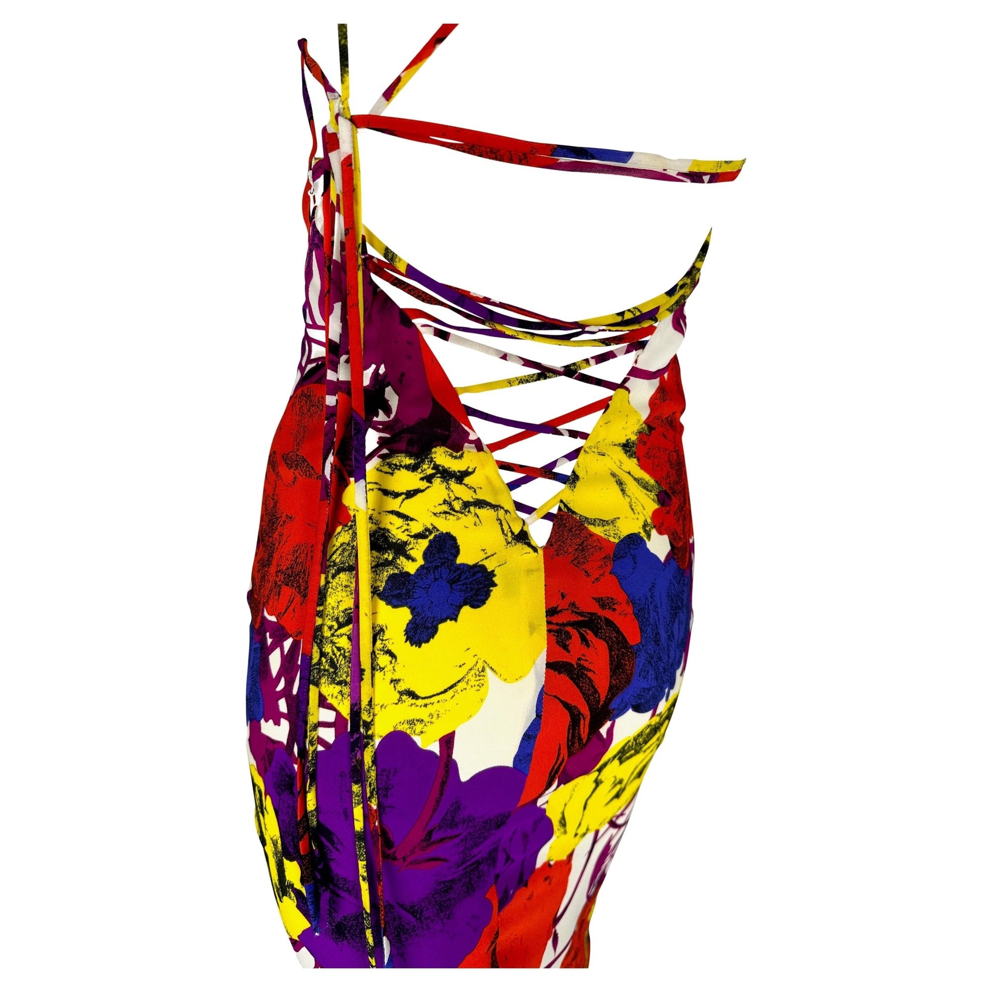 S/S 2002 Gianni Versace by Donatella Pop Art Floral Print Lace - Up Backless Dress - RealList