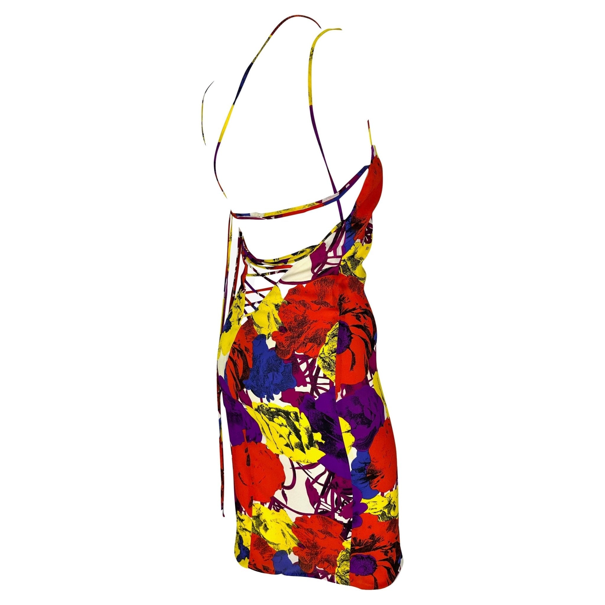 S/S 2002 Gianni Versace by Donatella Pop Art Floral Print Lace - Up Backless Dress - RealList
