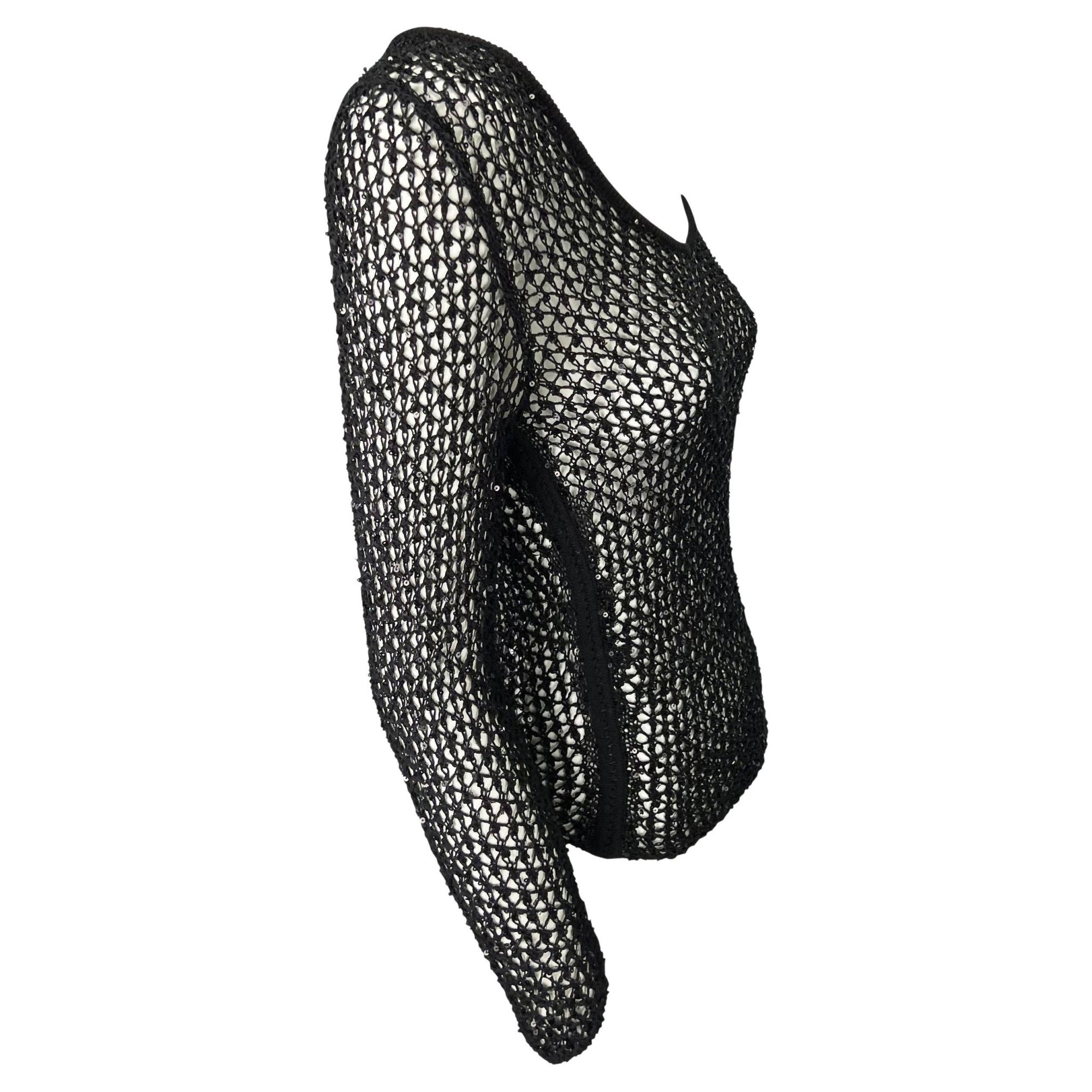 S/S 2002 Gianni Versace by Donatella Sequin Fishnet Stretch Knit Sweater Top - RealList