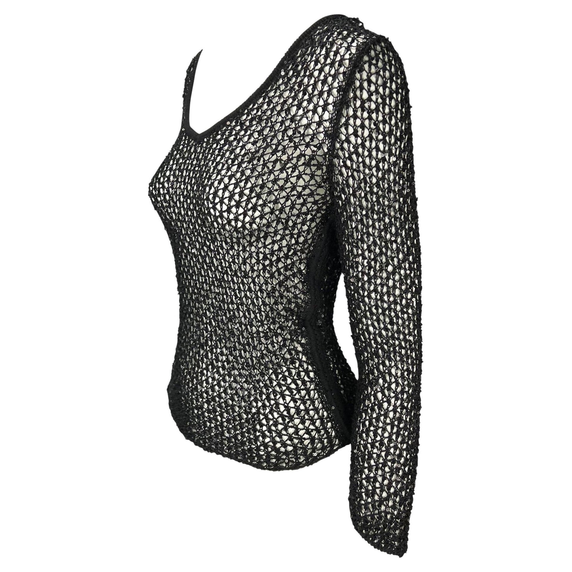 S/S 2002 Gianni Versace by Donatella Sequin Fishnet Stretch Knit Sweater Top - RealList