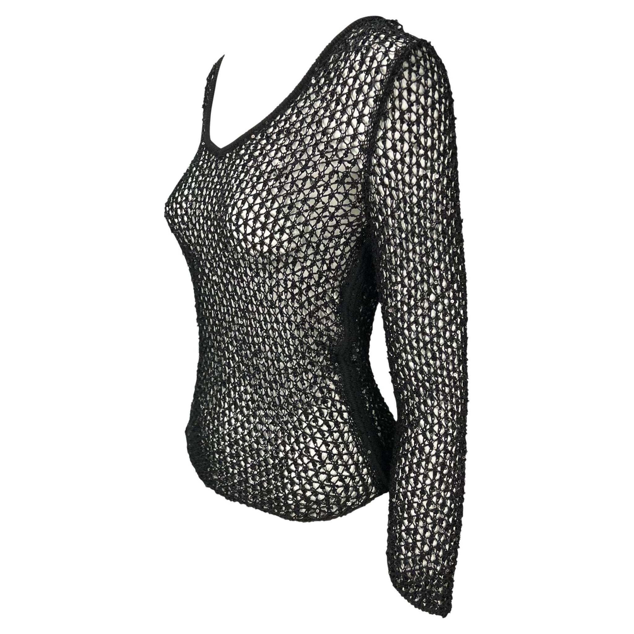 S/S 2002 Gianni Versace by Donatella Sequin Fishnet Stretch Knit Sweater Top - RealList