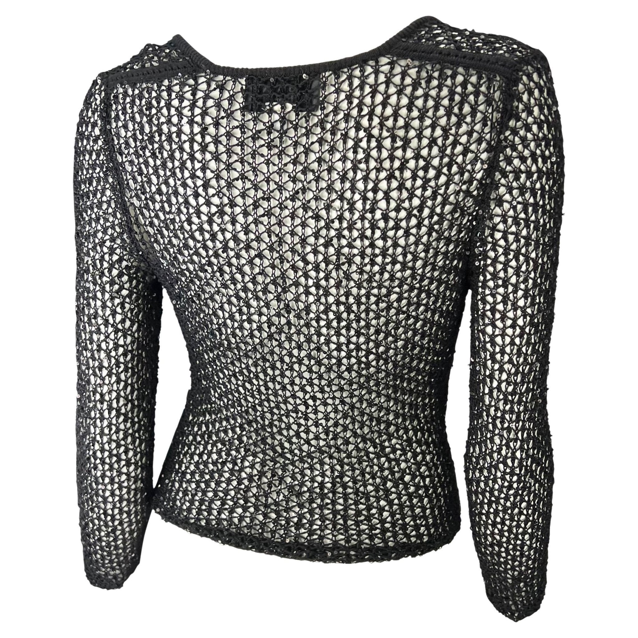 S/S 2002 Gianni Versace by Donatella Sequin Fishnet Stretch Knit Sweater Top - RealList