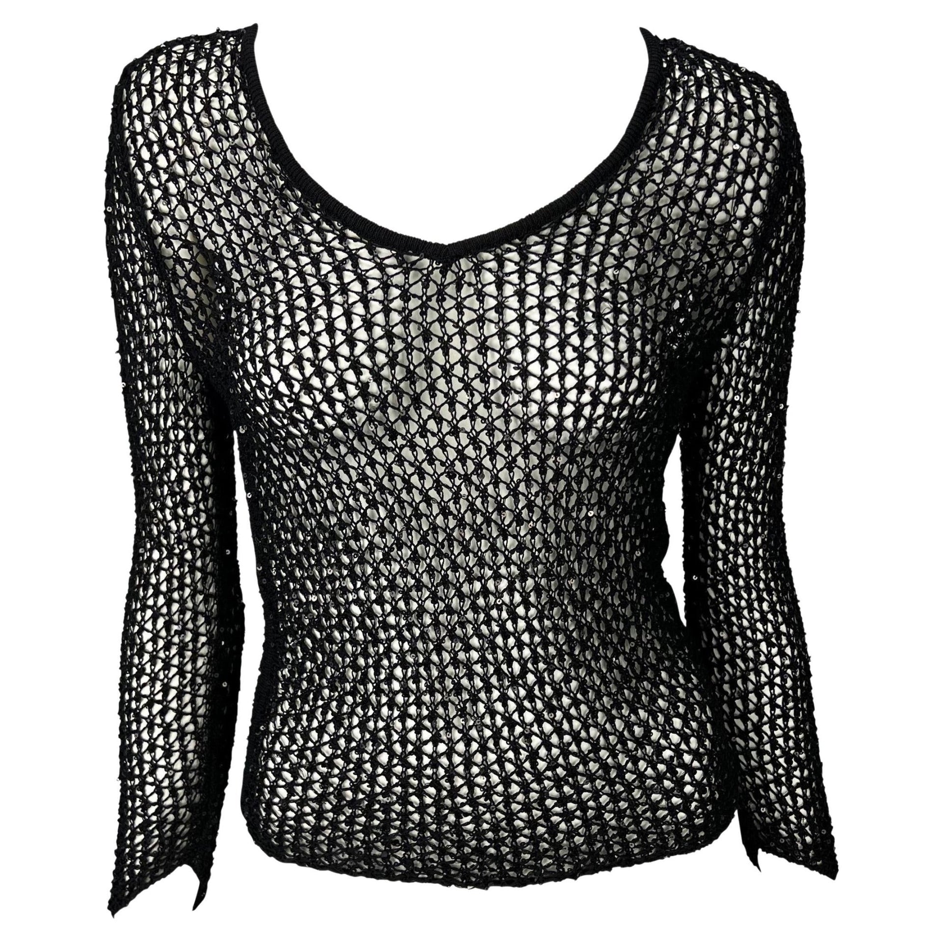 S/S 2002 Gianni Versace by Donatella Sequin Fishnet Stretch Knit Sweater Top - RealList