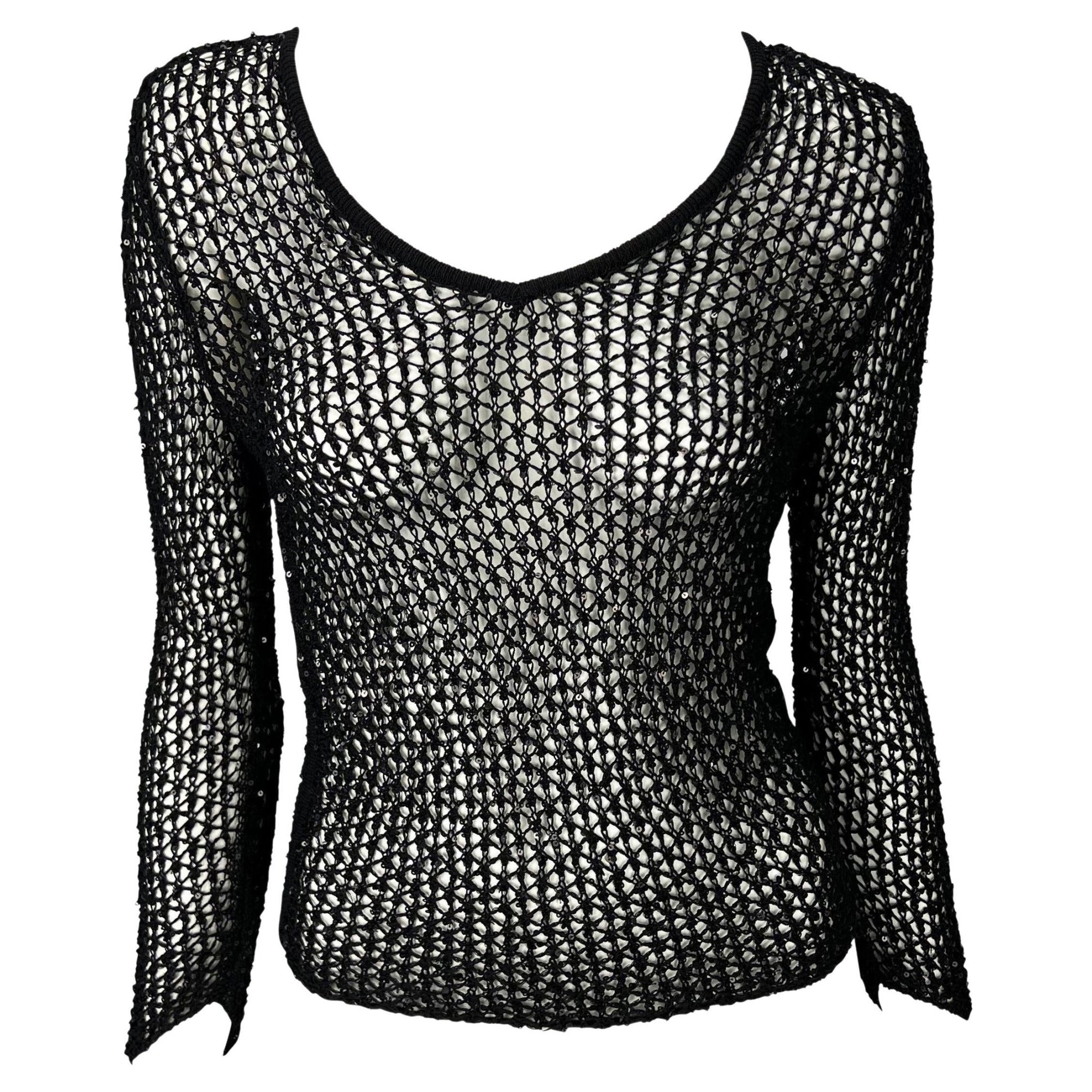 S/S 2002 Gianni Versace by Donatella Sequin Fishnet Stretch Knit Sweater Top - RealList
