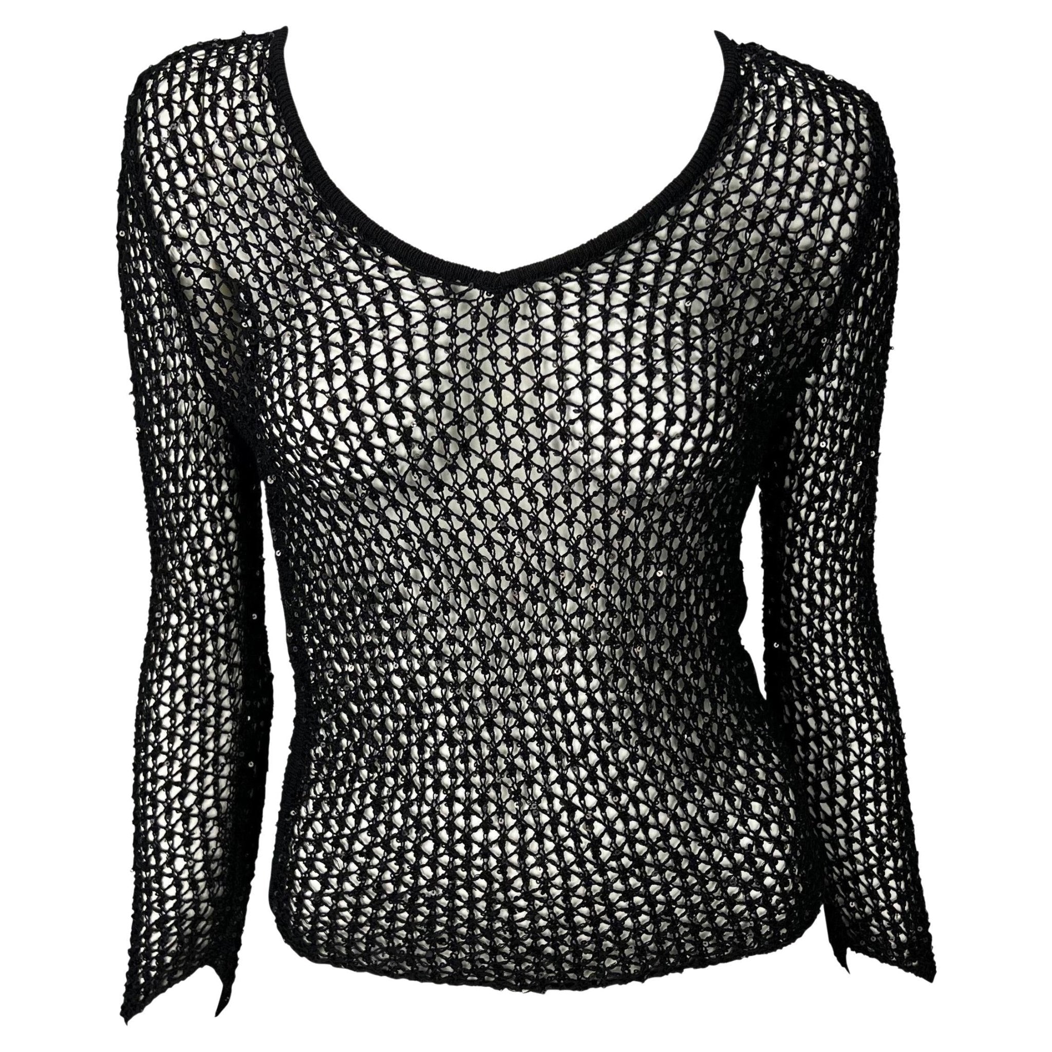 S/S 2002 Gianni Versace by Donatella Sequin Fishnet Stretch Knit Sweater Top - RealList