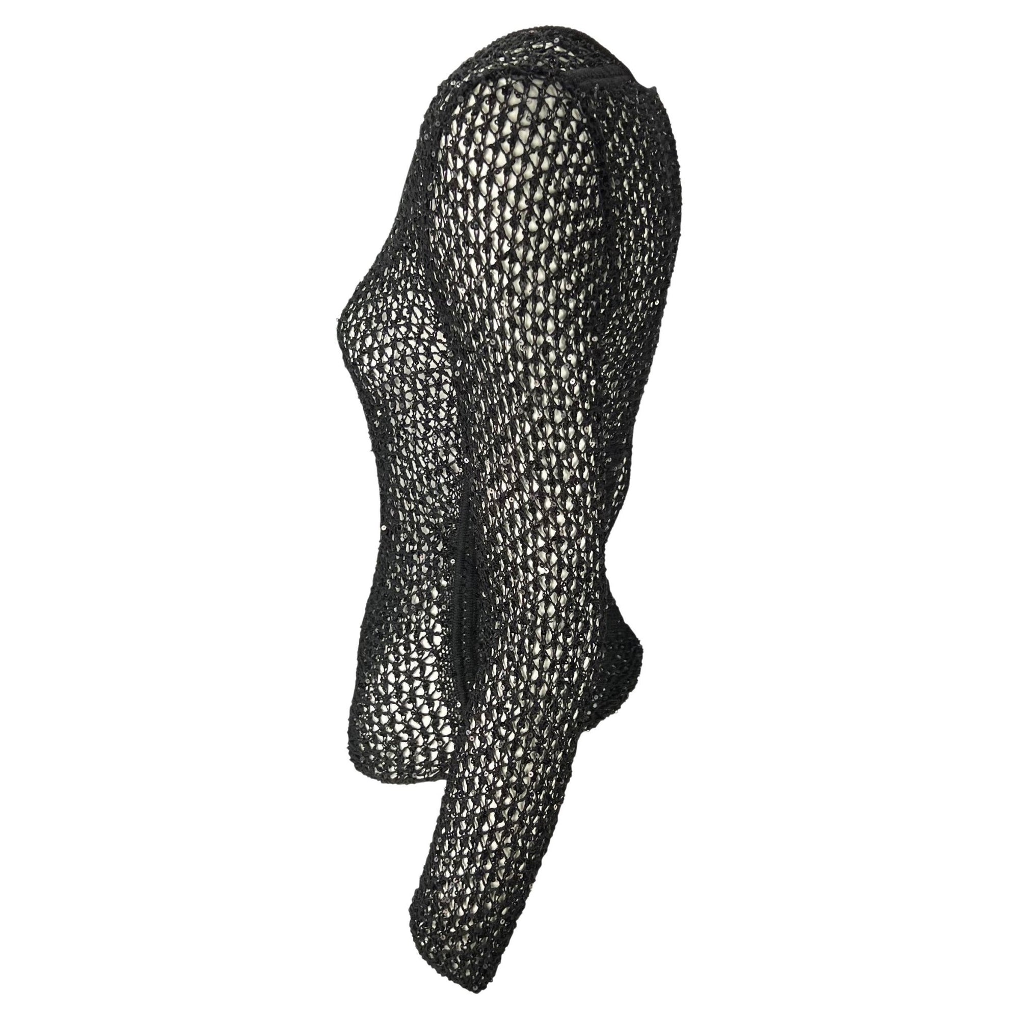 S/S 2002 Gianni Versace by Donatella Sequin Fishnet Stretch Knit Sweater Top - RealList