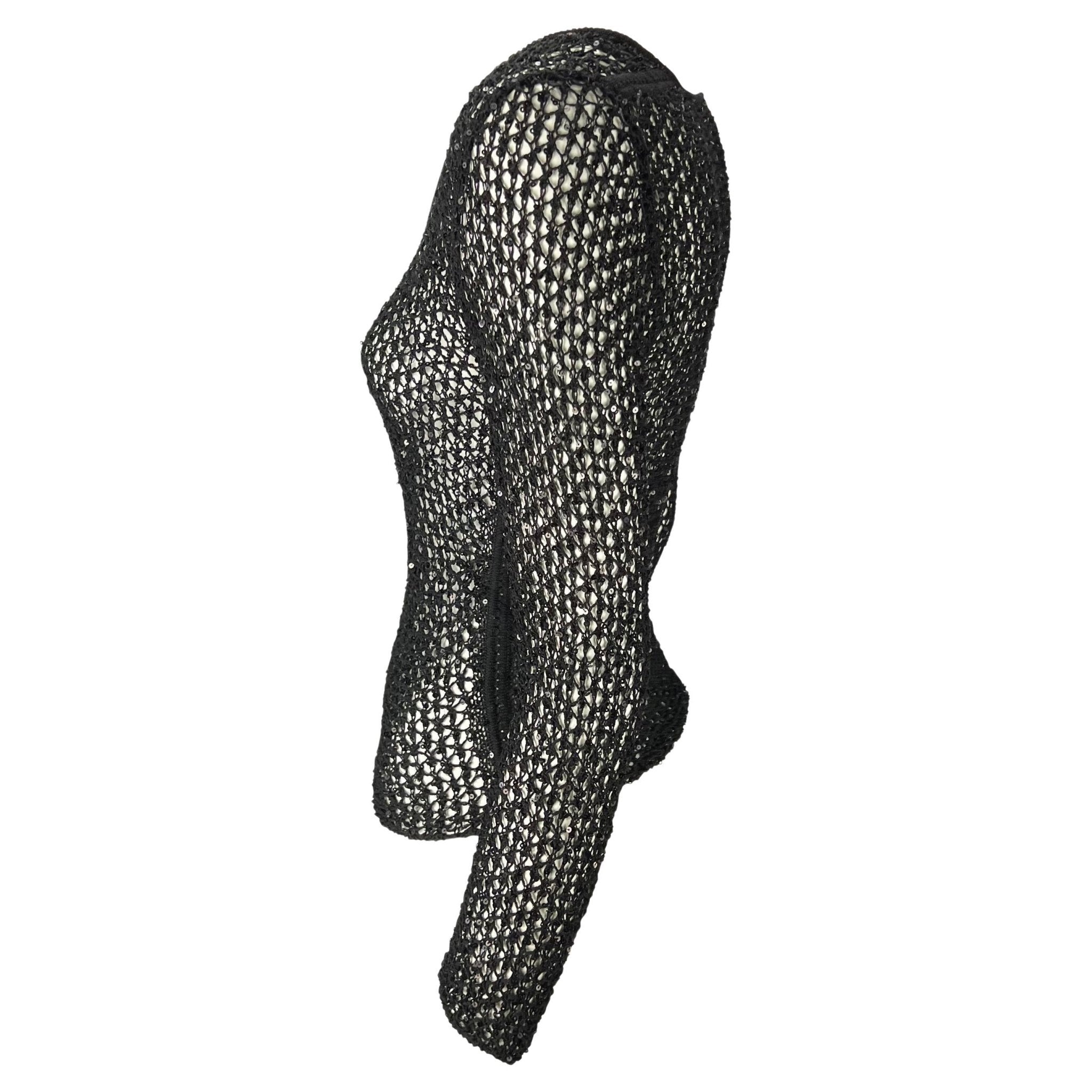 S/S 2002 Gianni Versace by Donatella Sequin Fishnet Stretch Knit Sweater Top - RealList