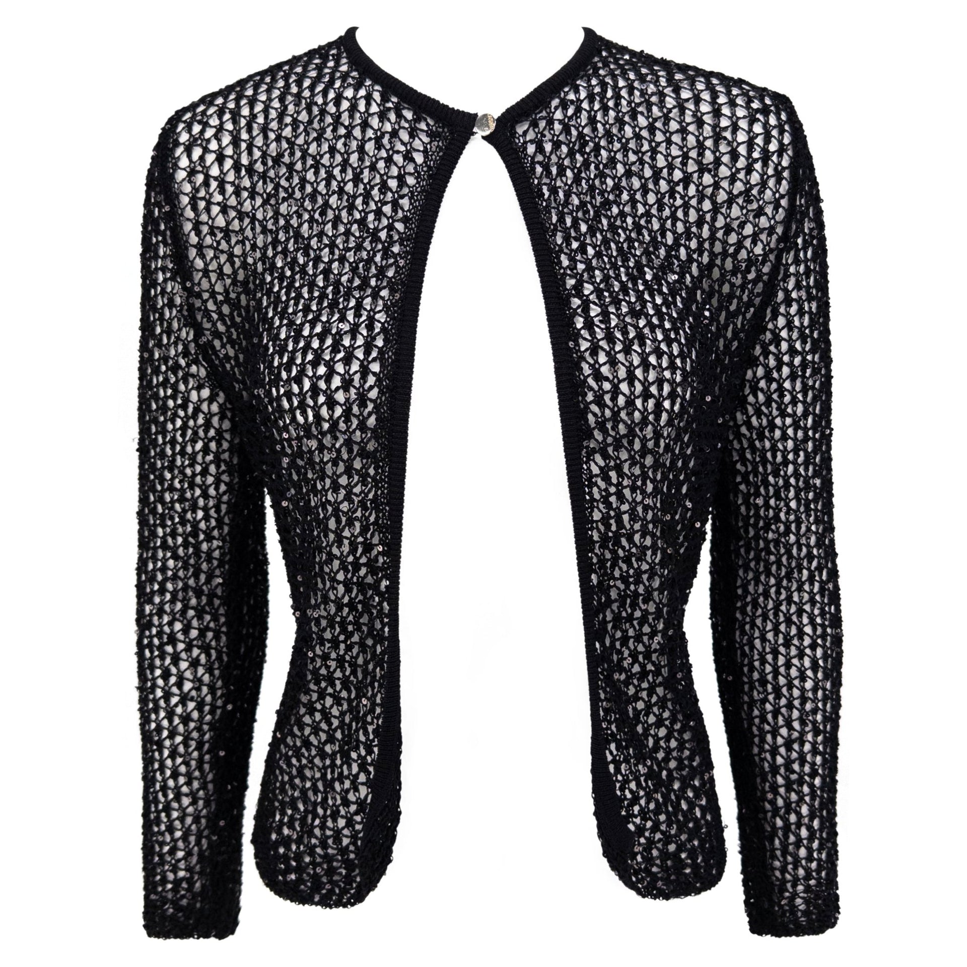 S/S 2002 Gianni Versace by Donatella Sheer Black Knit Sequin Cardigan Top - RealList