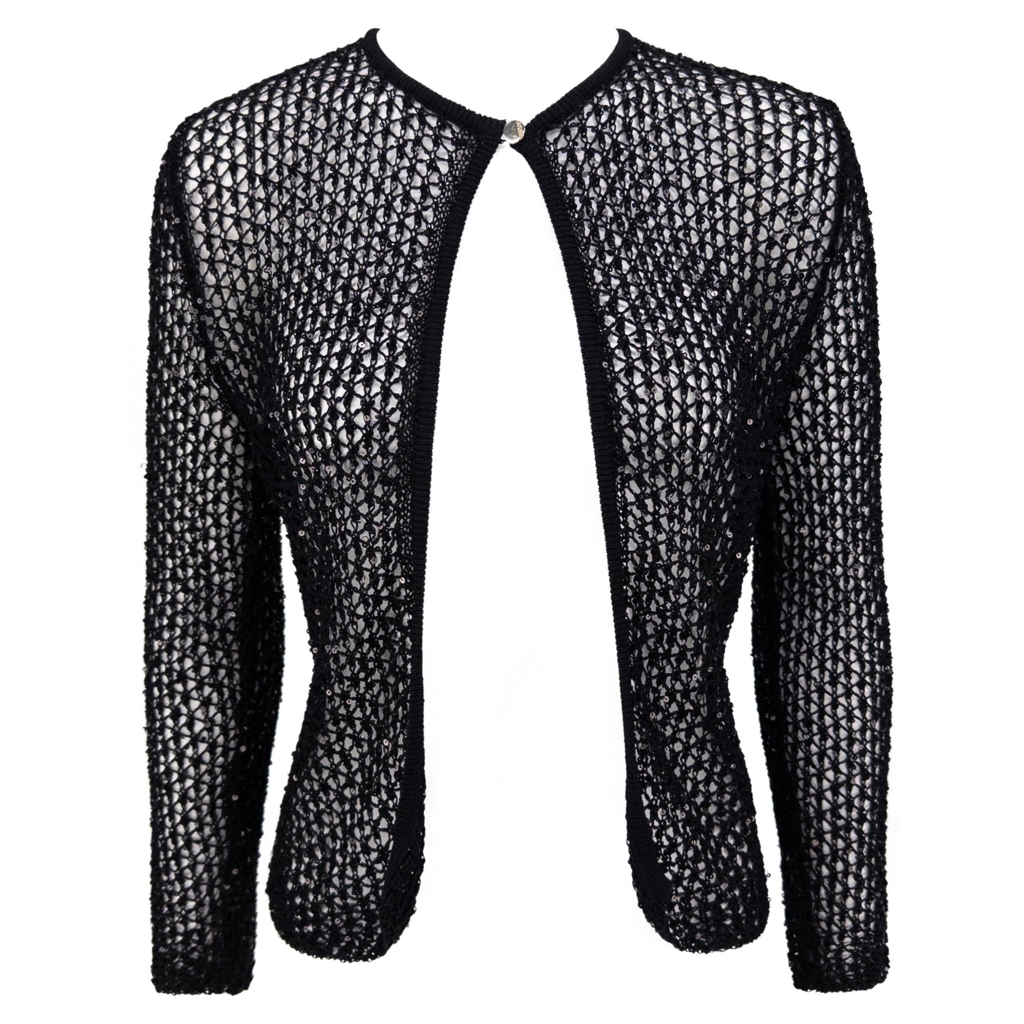 S/S 2002 Gianni Versace by Donatella Sheer Black Knit Sequin Cardigan Top - RealList