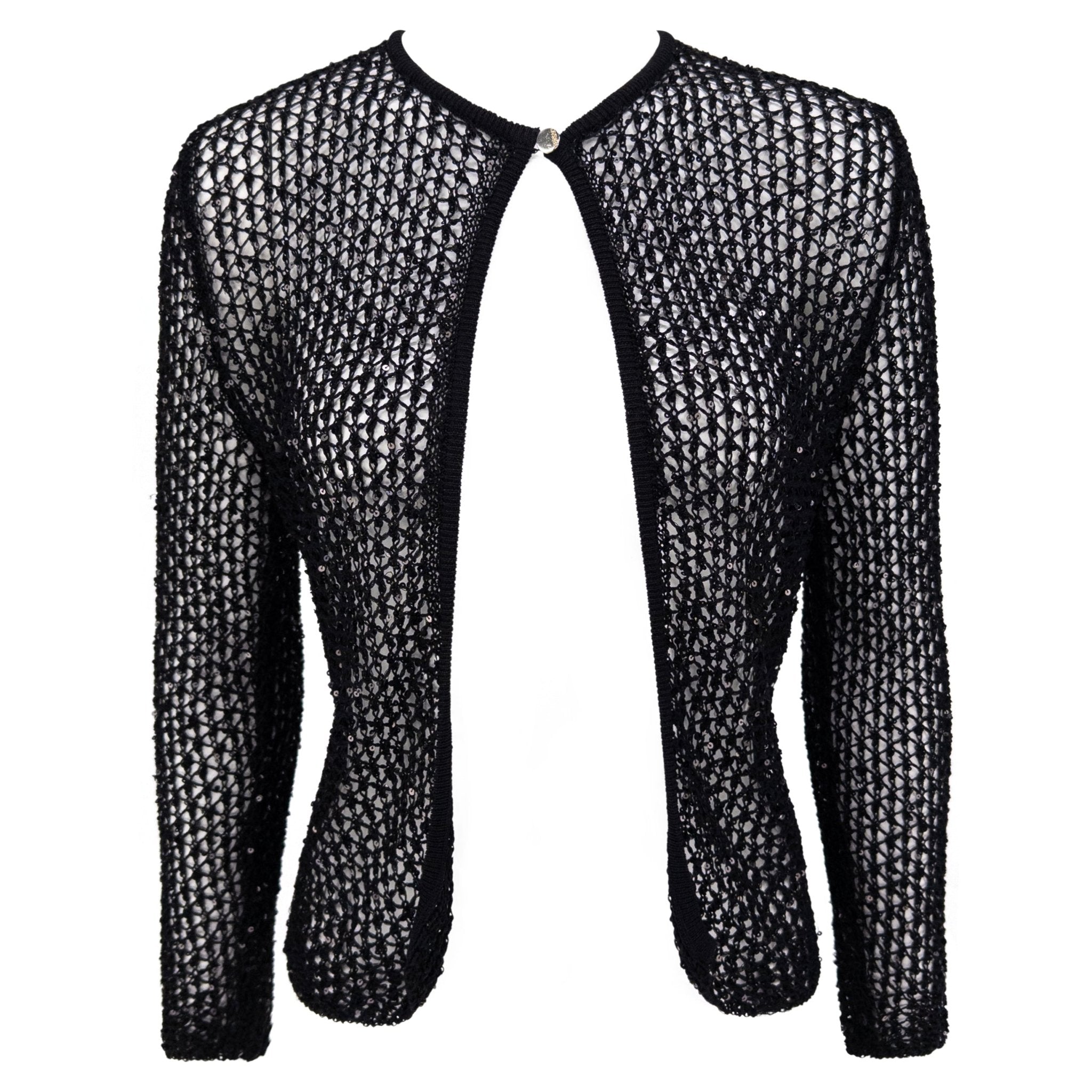 S/S 2002 Gianni Versace by Donatella Sheer Black Knit Sequin Cardigan Top - RealList