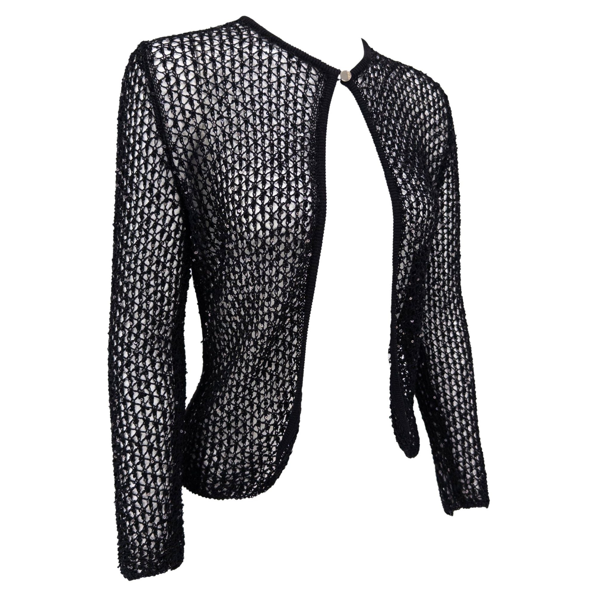 S/S 2002 Gianni Versace by Donatella Sheer Black Knit Sequin Cardigan Top - RealList