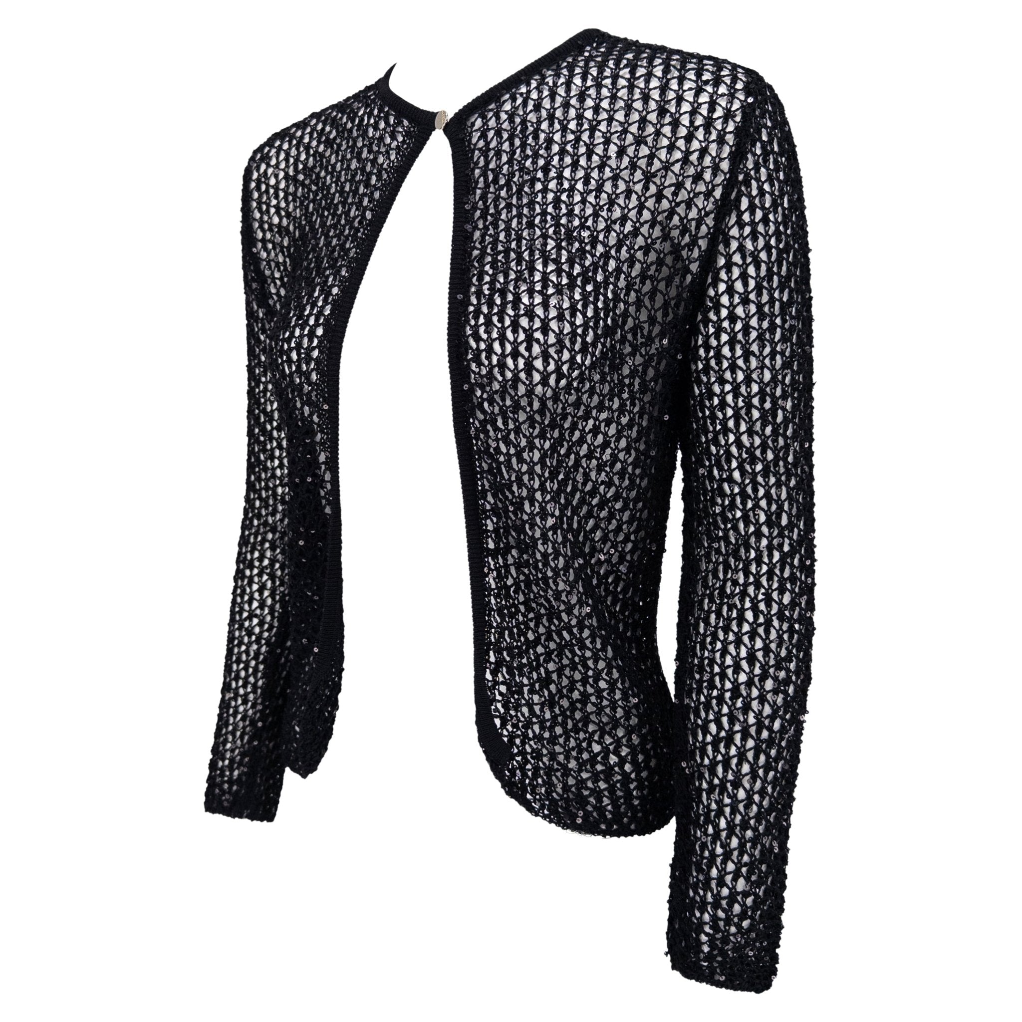 S/S 2002 Gianni Versace by Donatella Sheer Black Knit Sequin Cardigan Top - RealList
