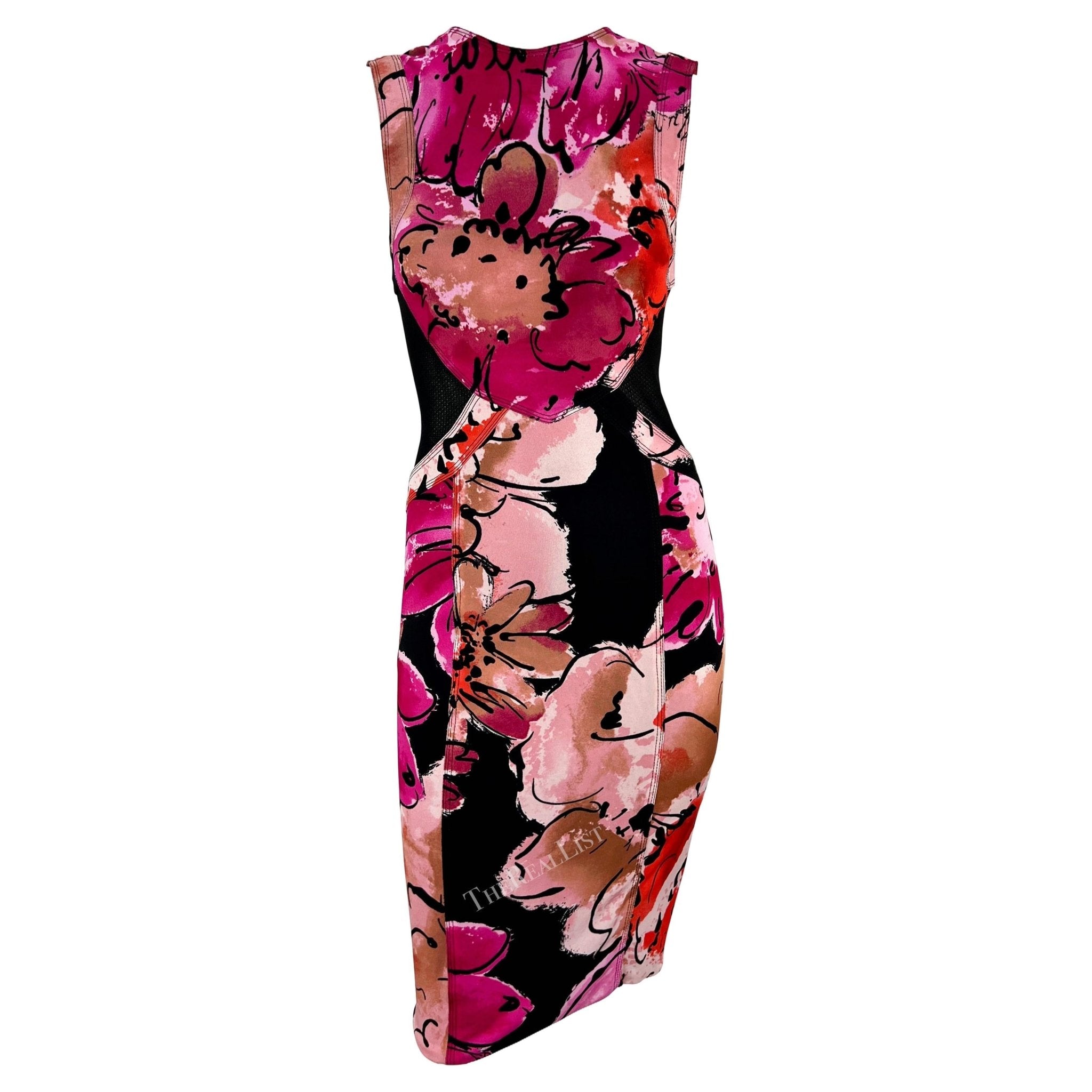 S/S 2002 Gianni Versace by Donatella Sheer Mesh Panel Pink Floral Print Dress - RealList