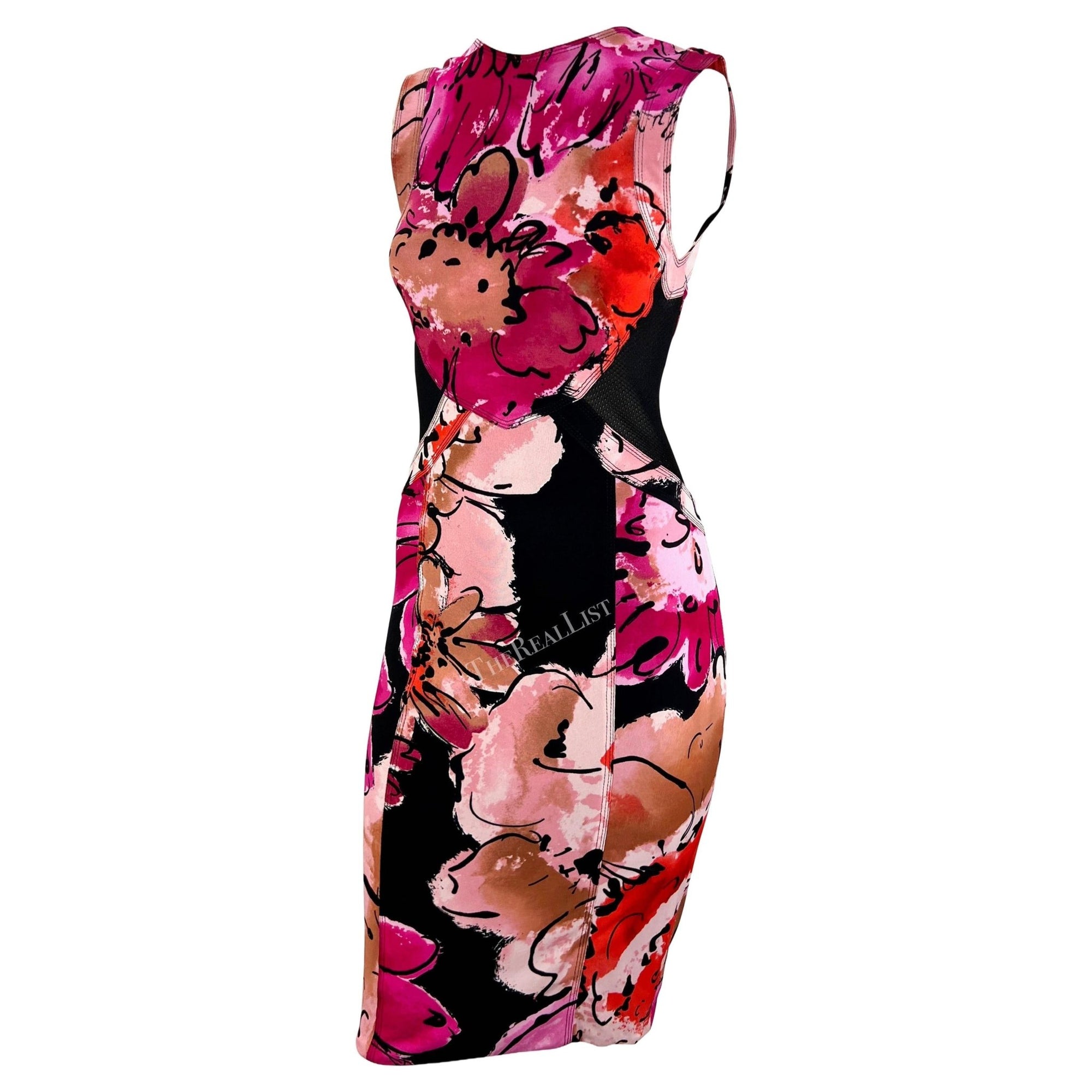 S/S 2002 Gianni Versace by Donatella Sheer Mesh Panel Pink Floral Print Dress - RealList