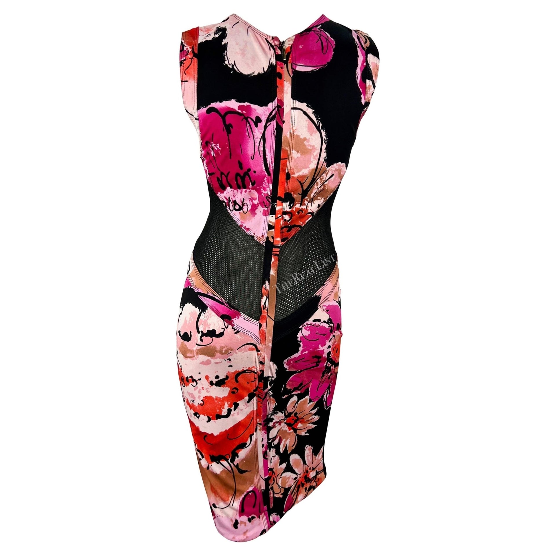 S/S 2002 Gianni Versace by Donatella Sheer Mesh Panel Pink Floral Print Dress - RealList
