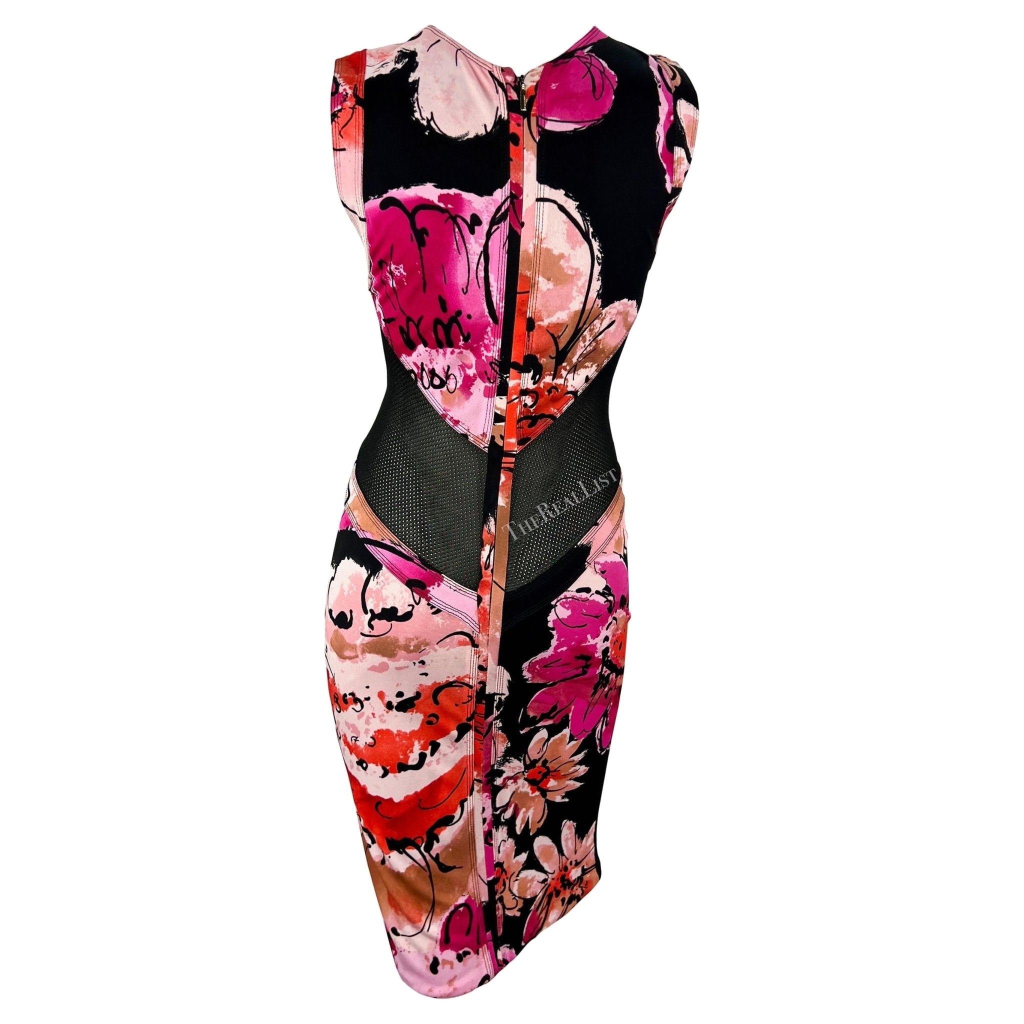 S/S 2002 Gianni Versace by Donatella Sheer Mesh Panel Pink Floral Print Dress - RealList
