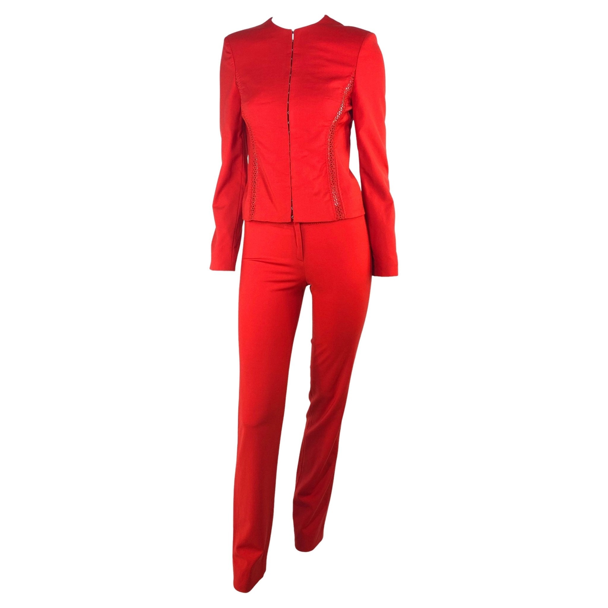 S/S 2002 Gianni Versace Couture by Donatella Red Lace Panel Hook & Eye Pantsuit - RealList