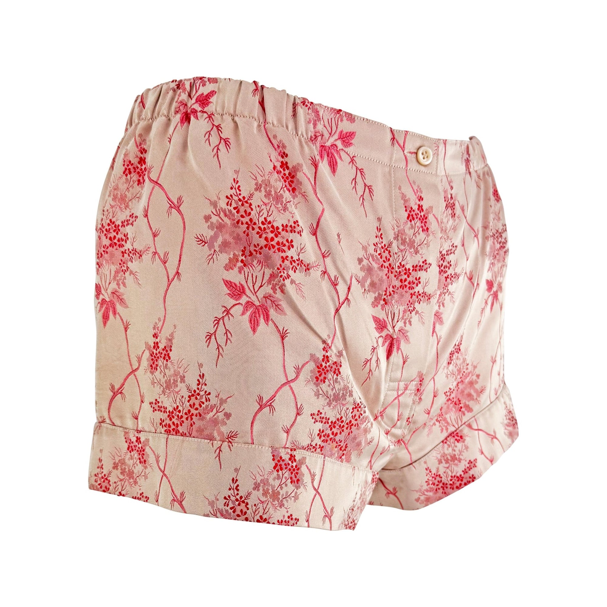 S/S 2002 Prada Blush Red Floral Jacquard Silk Satin Hot Pant Short Shorts - RealList