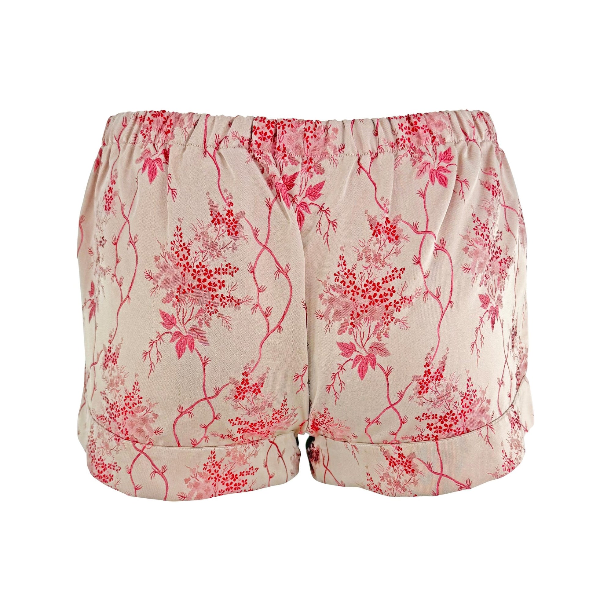 S/S 2002 Prada Blush Red Floral Jacquard Silk Satin Hot Pant Short Shorts - RealList