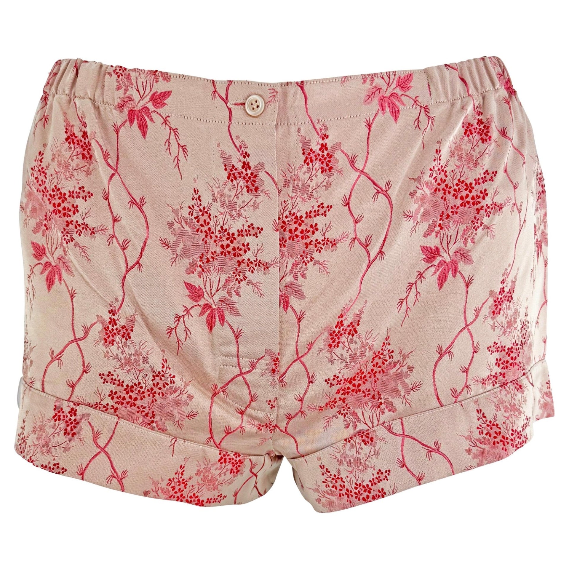 S/S 2002 Prada Blush Red Floral Jacquard Silk Satin Hot Pant Short Shorts - RealList