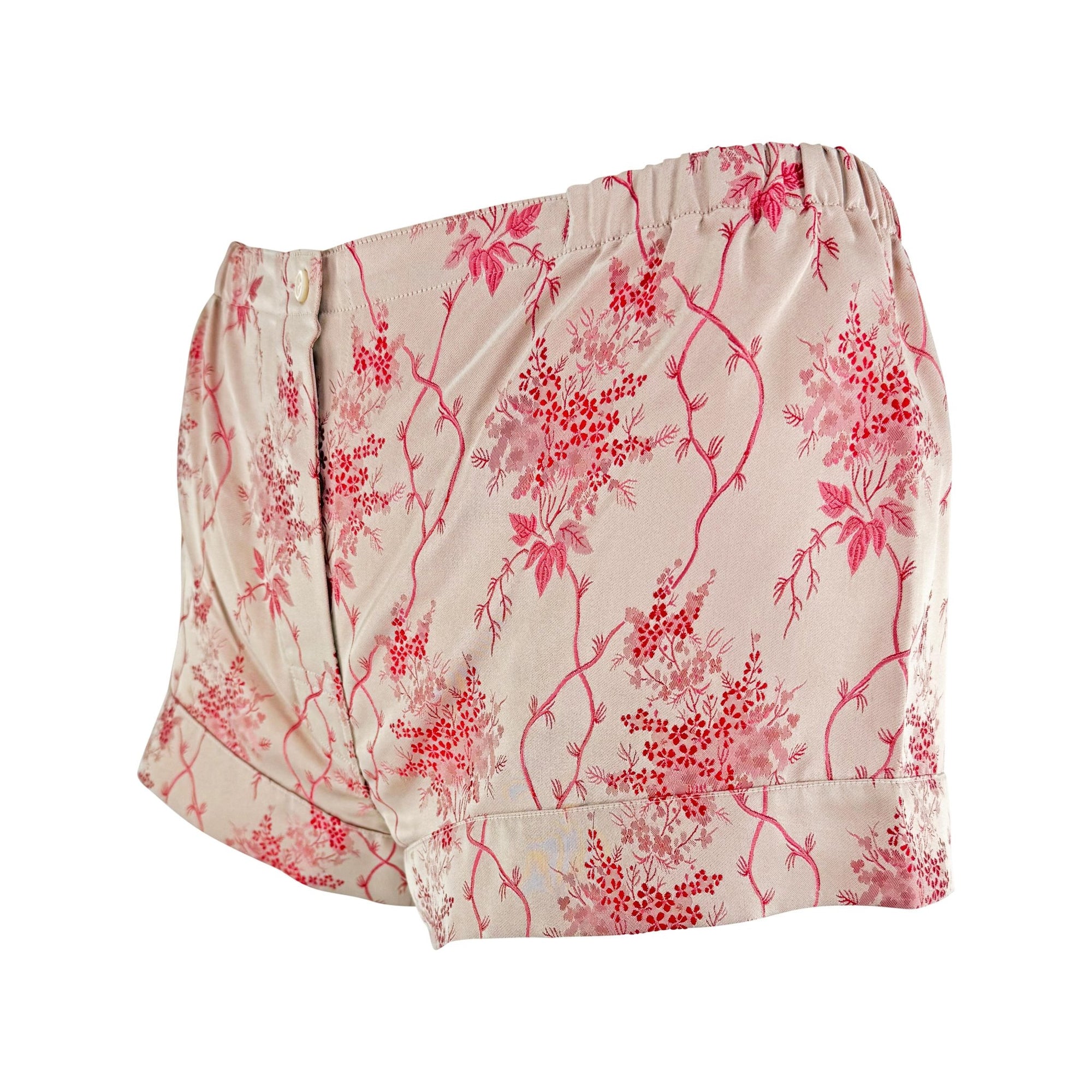 S/S 2002 Prada Blush Red Floral Jacquard Silk Satin Hot Pant Short Shorts - RealList
