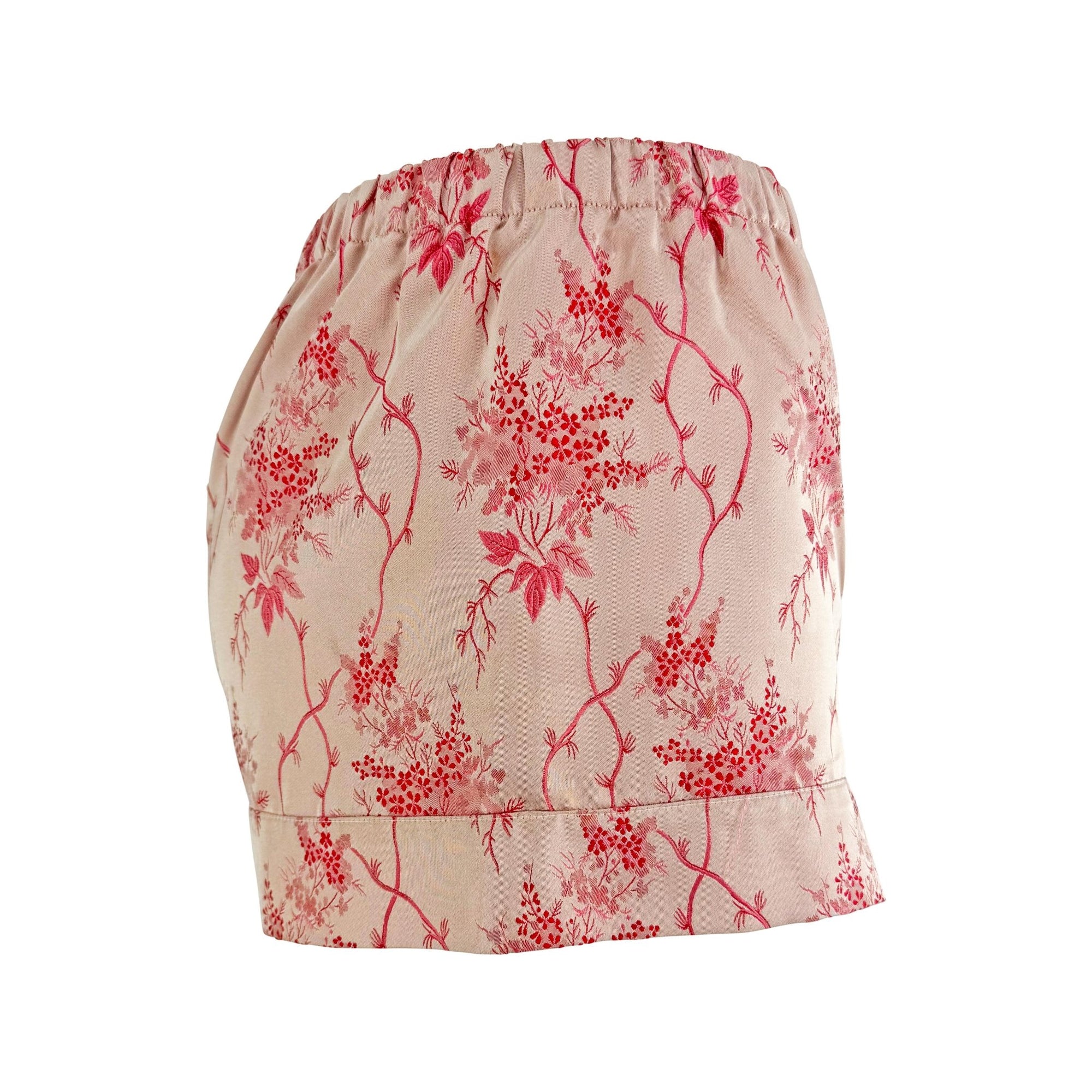 S/S 2002 Prada Blush Red Floral Jacquard Silk Satin Hot Pant Short Shorts - RealList