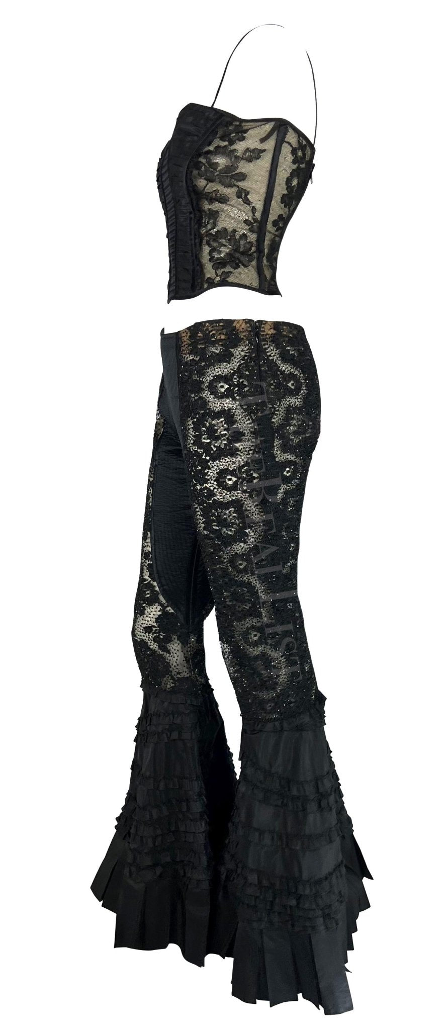 S/S 2002 Valentino Garavani Sheer Black Beaded Lace Flare Pant Set - RealList