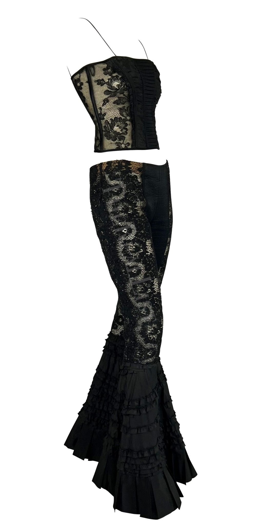 S/S 2002 Valentino Garavani Sheer Black Beaded Lace Flare Pant Set - RealList