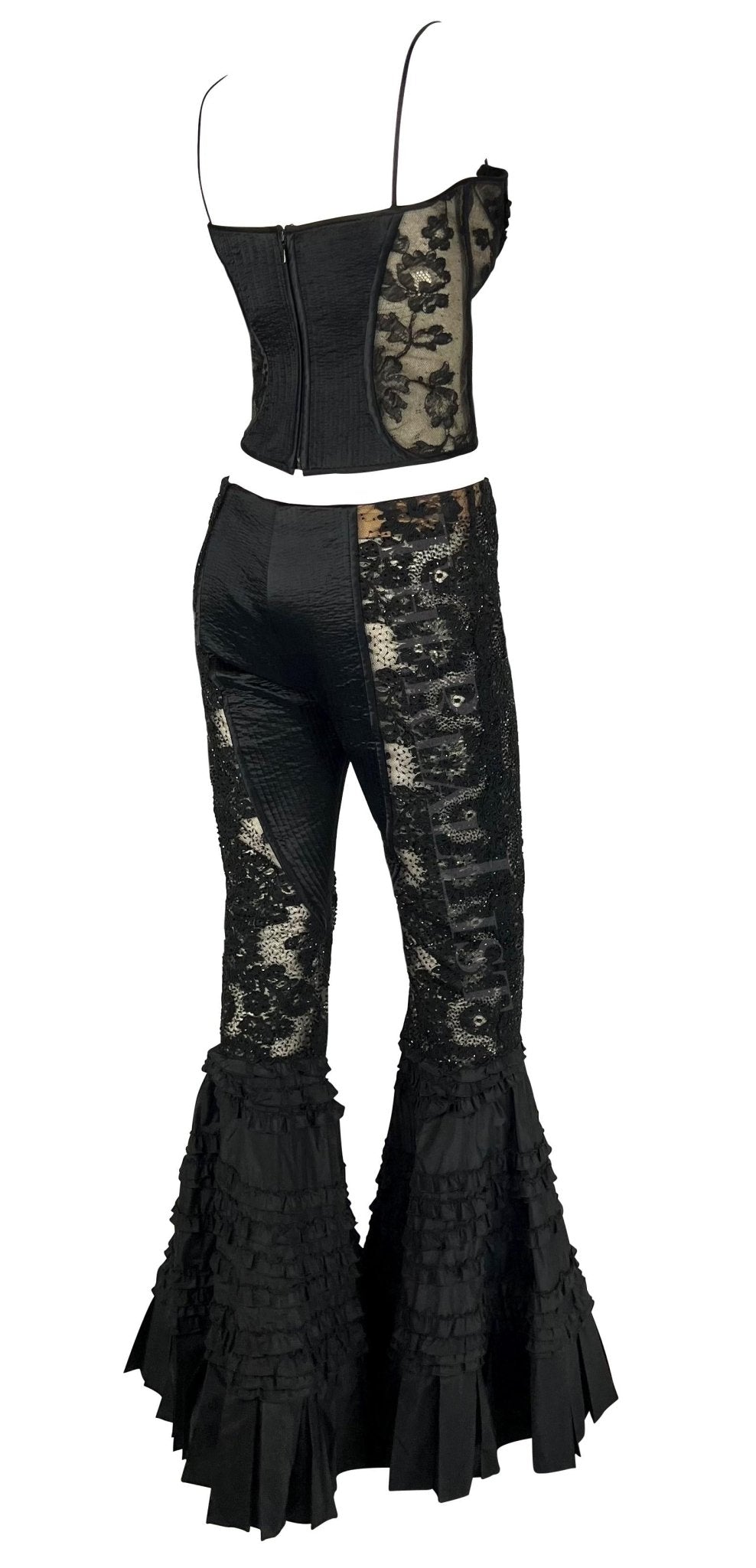 S/S 2002 Valentino Garavani Sheer Black Beaded Lace Flare Pant Set - RealList