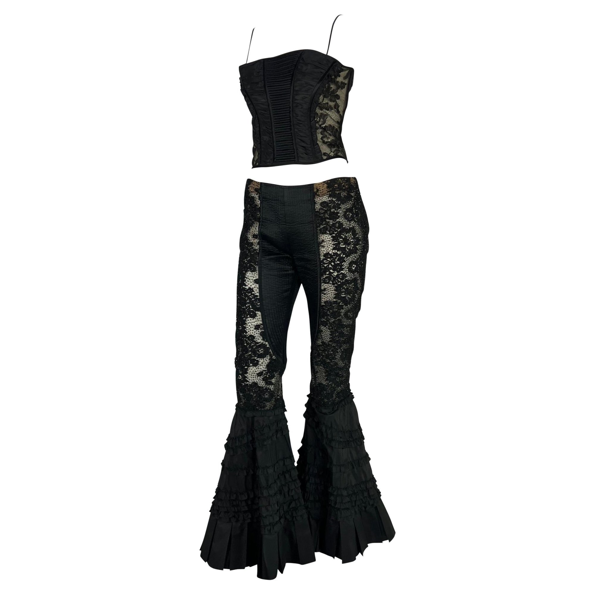 S/S 2002 Valentino Garavani Sheer Black Beaded Lace Flare Pant Set - RealList