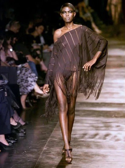 S/S 2002 YSL Rive Gauche by Tom Ford Black Knit Caftan Poncho with Fringe - RealList