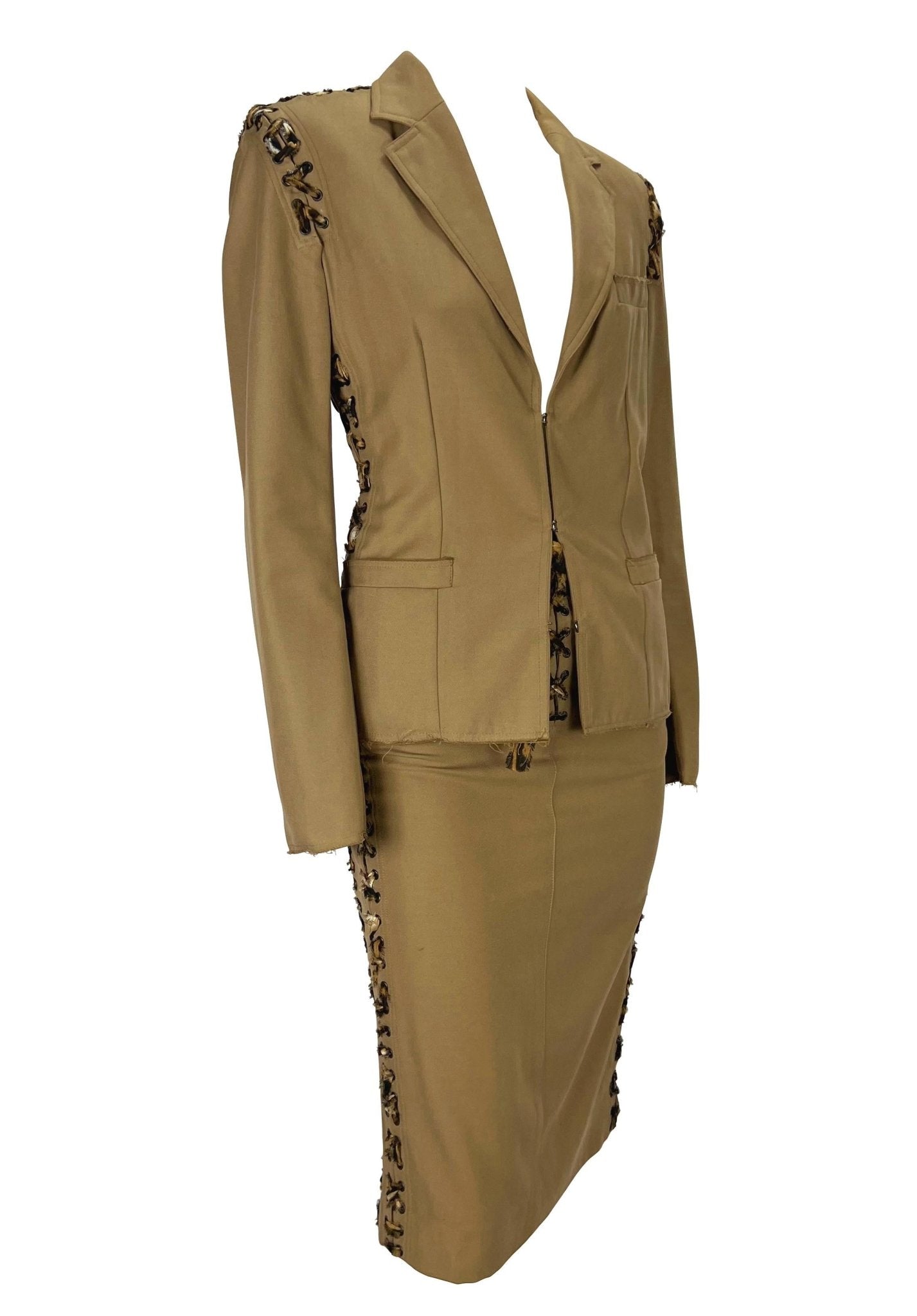 S/S 2002 Yves Saint Laurent by Tom Ford Jaguar Print Lace - Up Khaki Skirt Suit - RealList