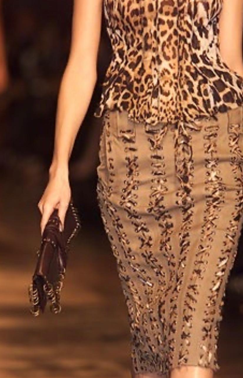 S/S 2002 Yves Saint Laurent by Tom Ford Jaguar Print Lace - Up Khaki Skirt Suit - RealList